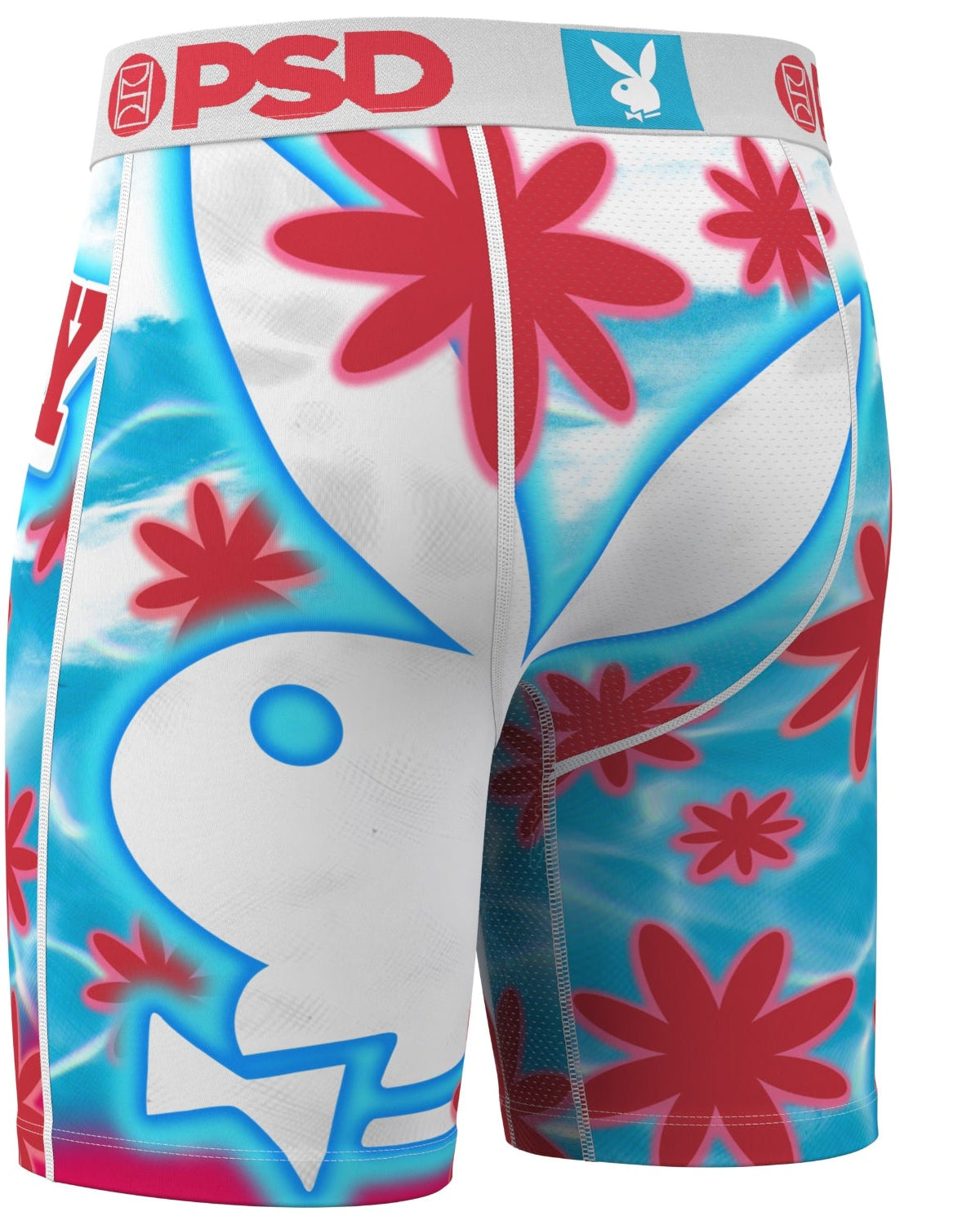 Boxer briefs with floral design and visible branding on a white background