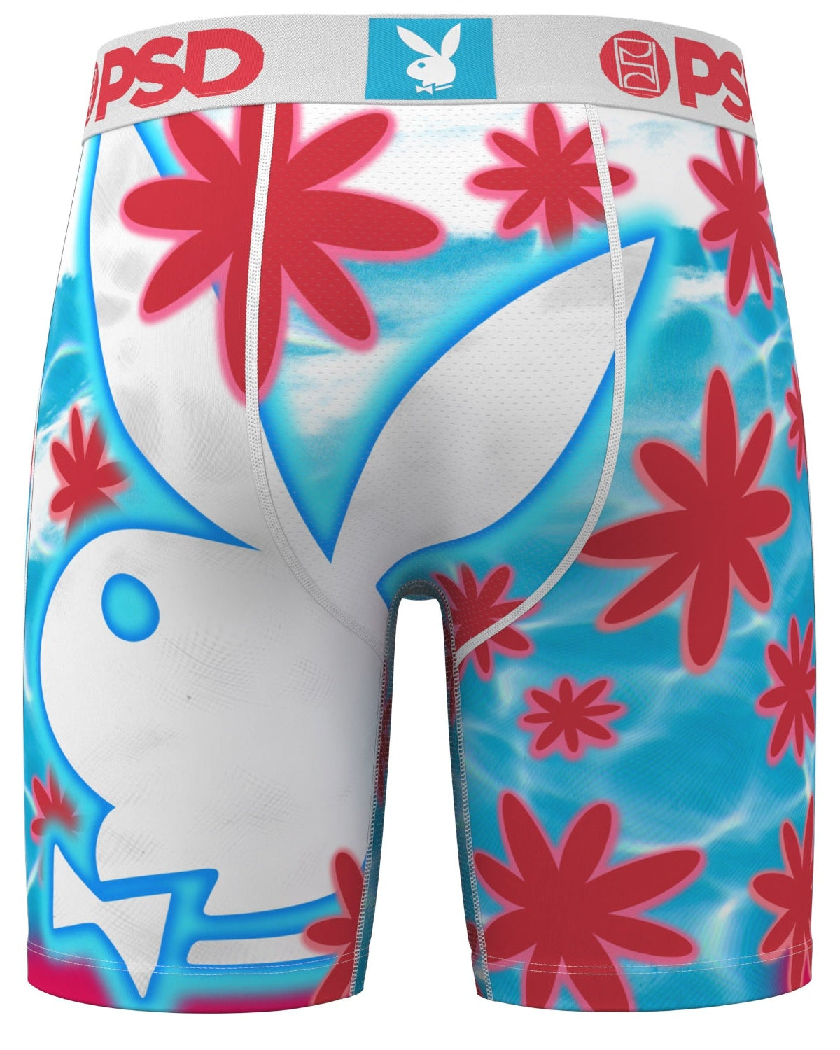 Colorful men's underwear with shark and floral design on a white background