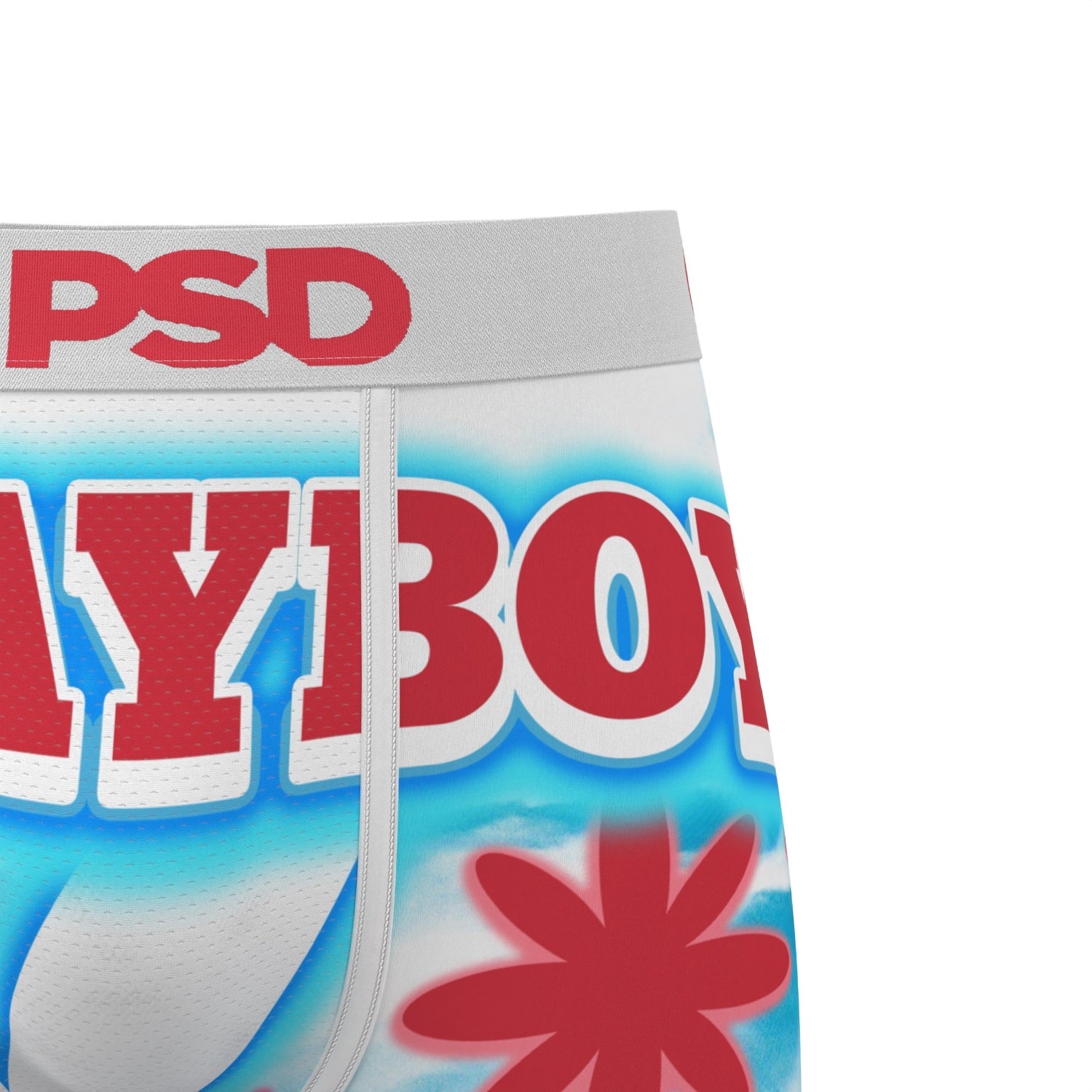Close-up of a swimsuit with 'Playboy' branding on a white background