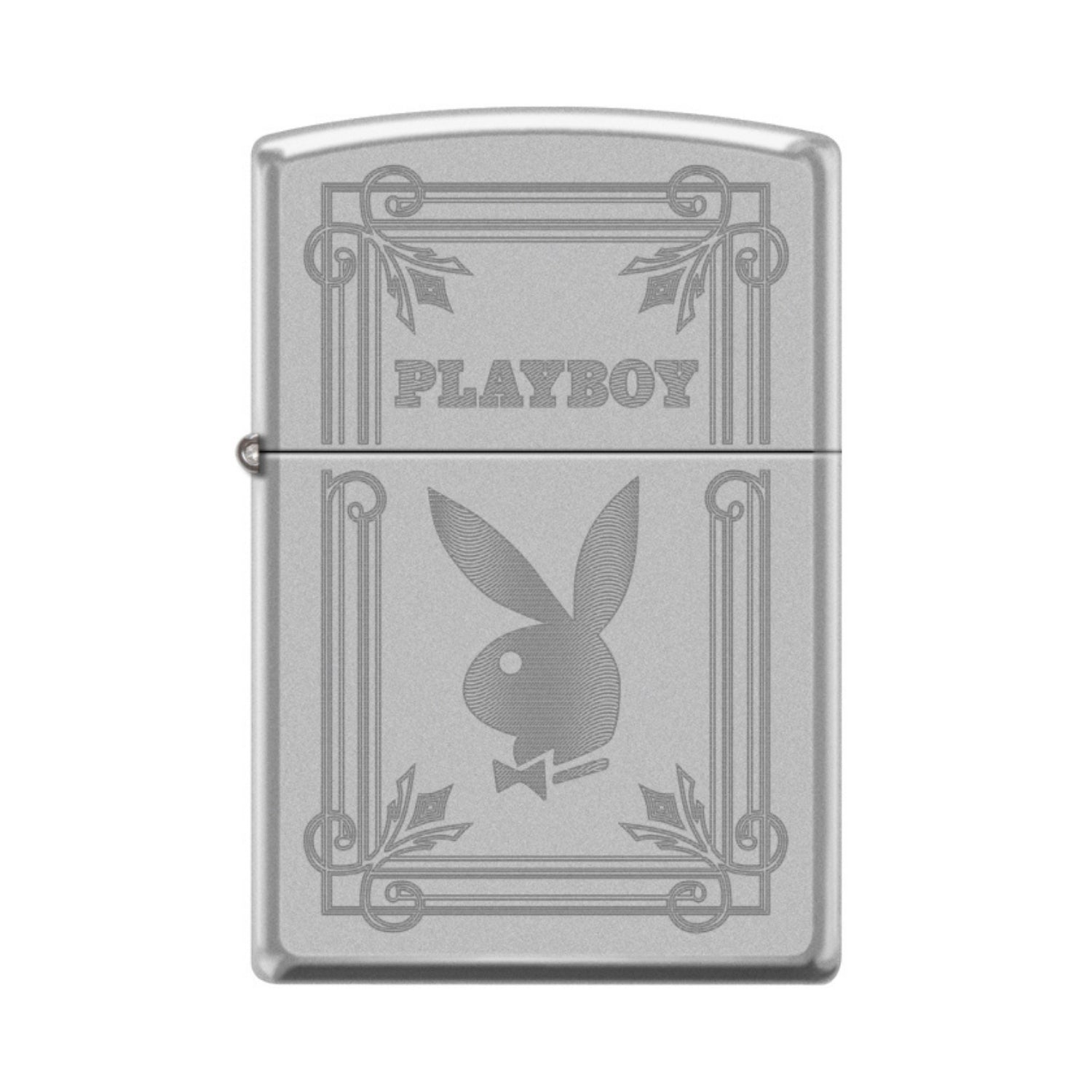 Silver Playboy lighter with engraved design on a white background