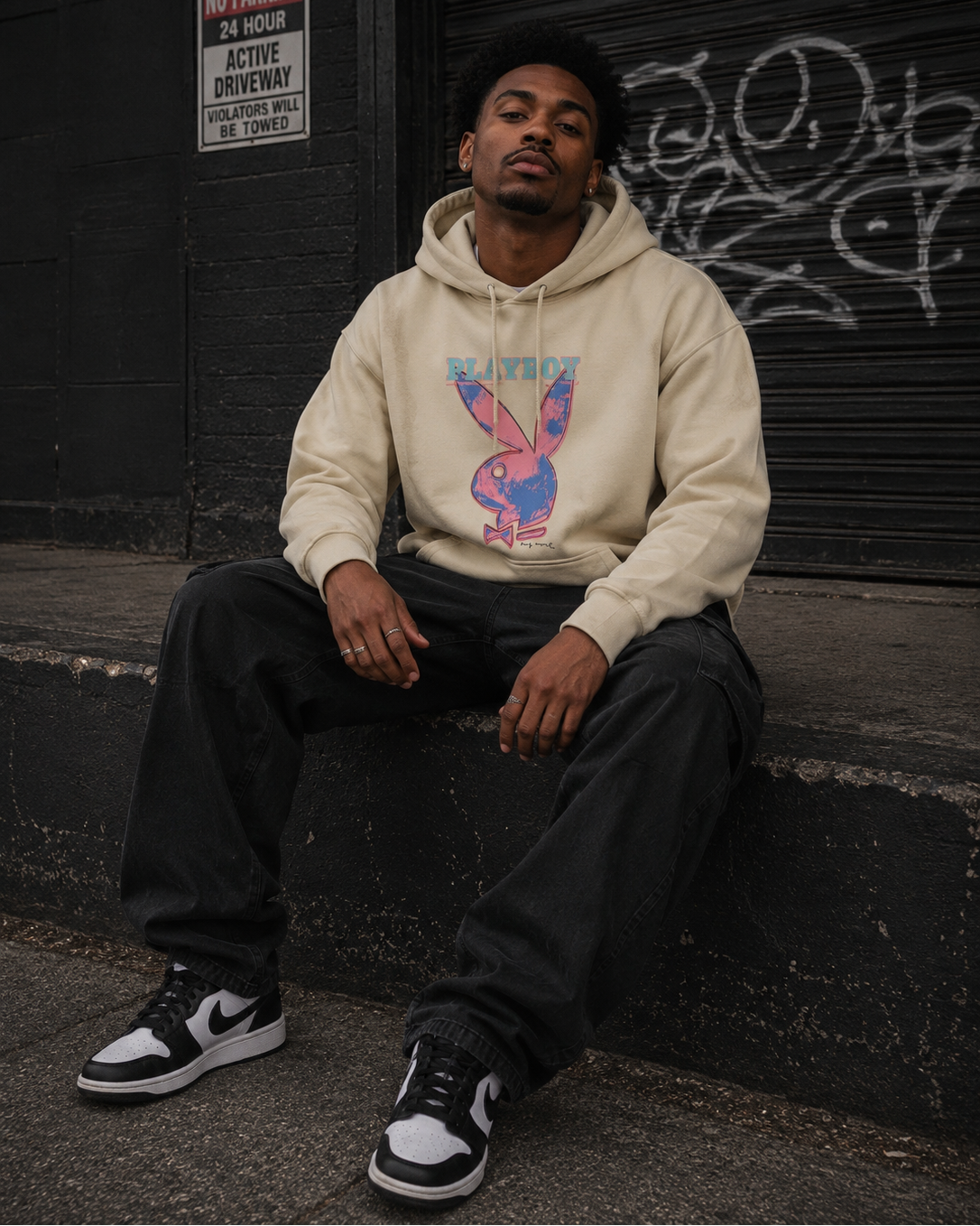 A man sits on a concrete ledge in front of a black metal shutter, wearing a beige hoodie with a blue and pink graphic print, black sweatpants, and black-and-white sneakers. #Streetwearmen