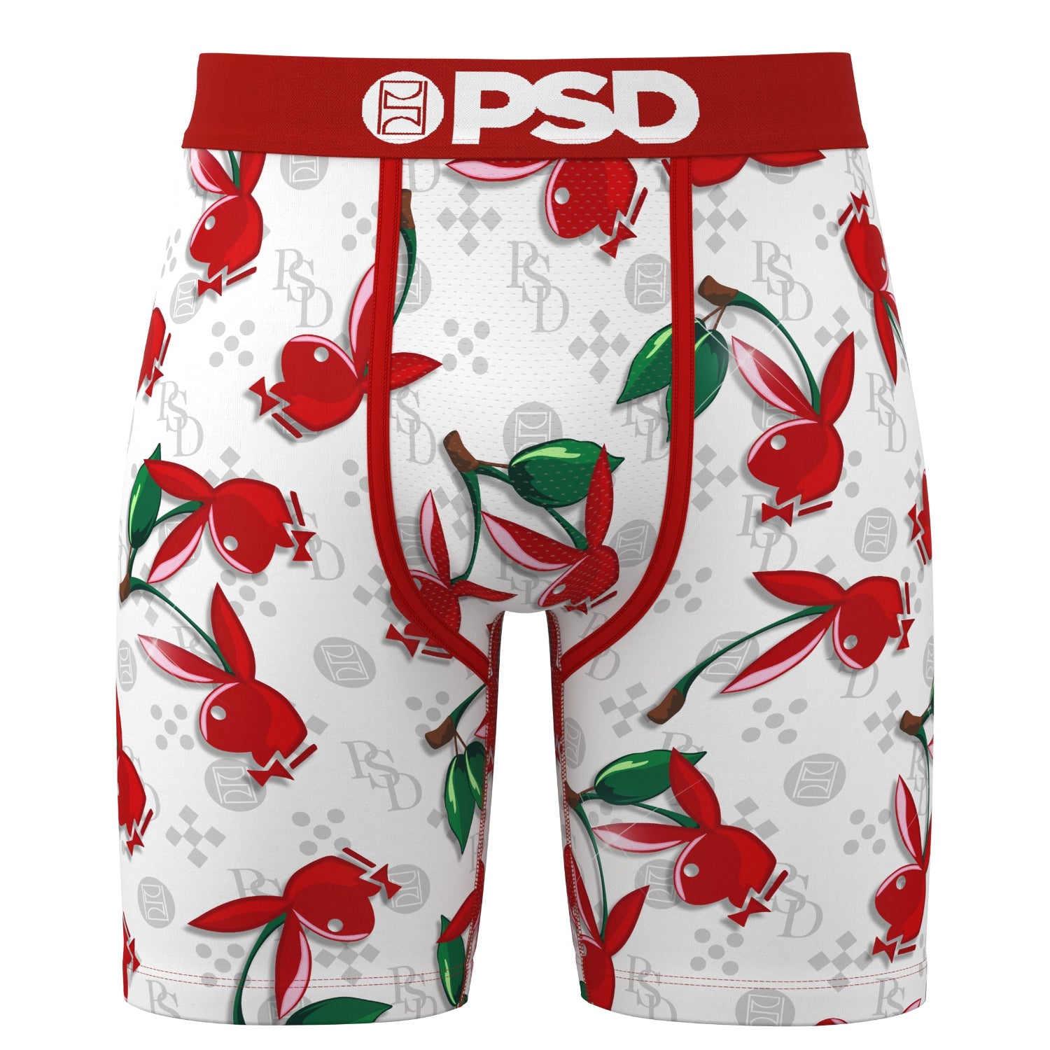 Men’s white boxer briefs with red waistband, cherry and bunny logo graphic print, PSD branding