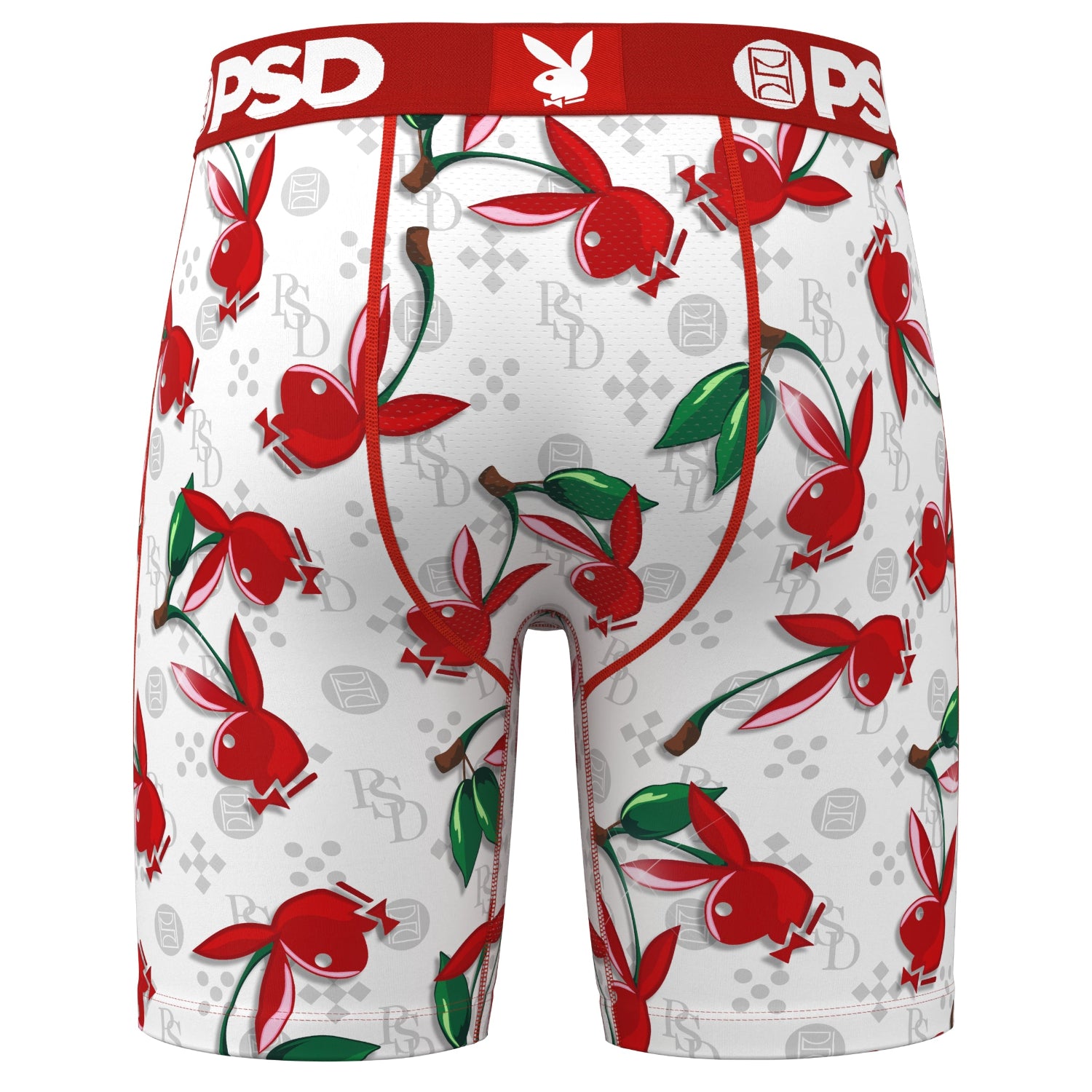 White boxer briefs with red waistband, cherry and bunny print, green leaf accents, and logo details