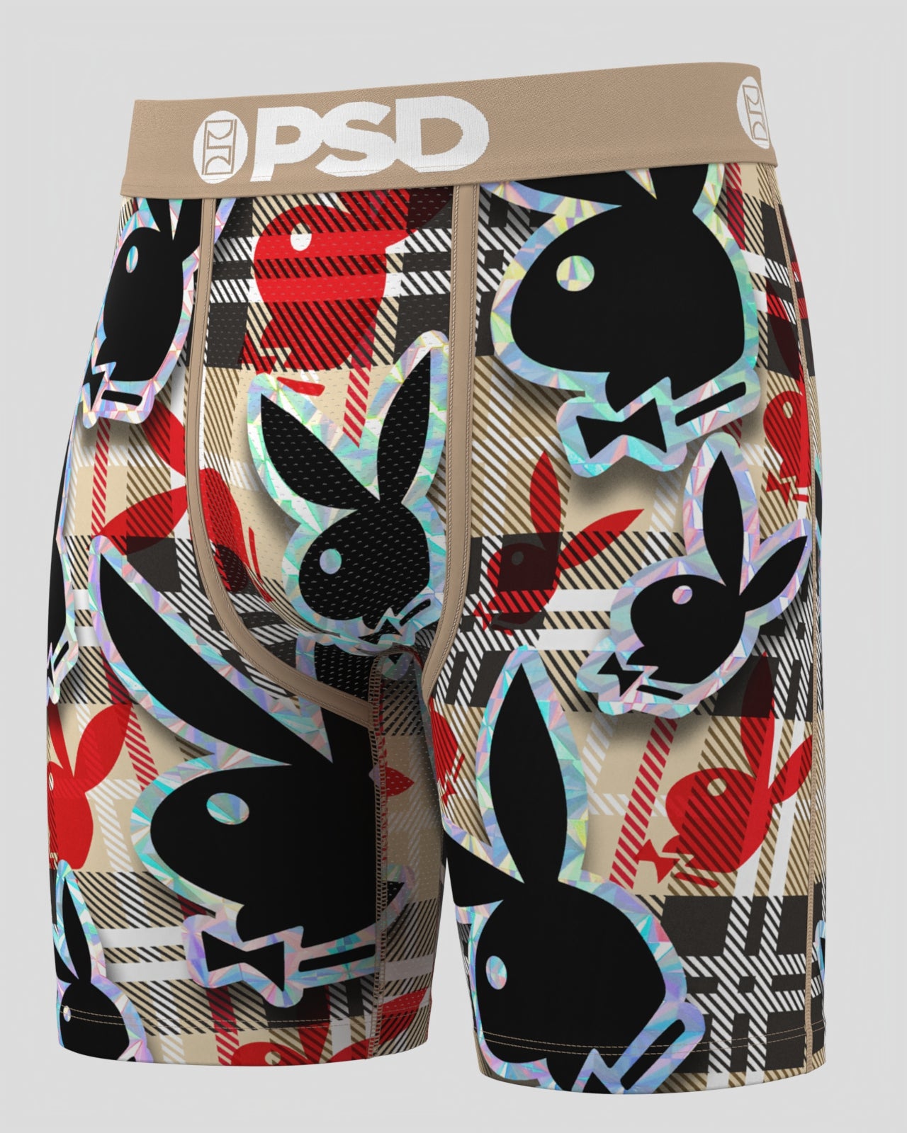 Plaid patterned shorts with rabbit design and 'PSD' waistband on a gray background