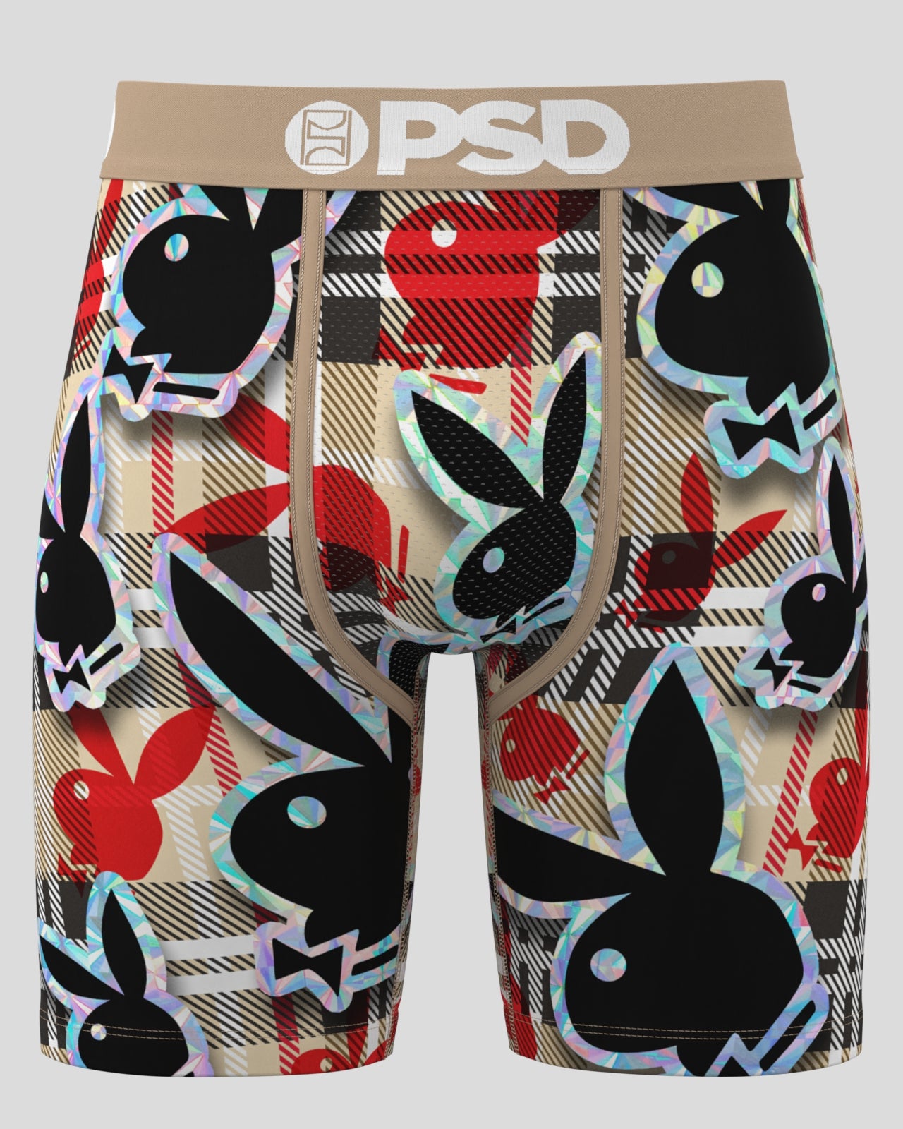 Plaid-patterned boxer briefs with bunny logo and 'PSD' branding on a gray background