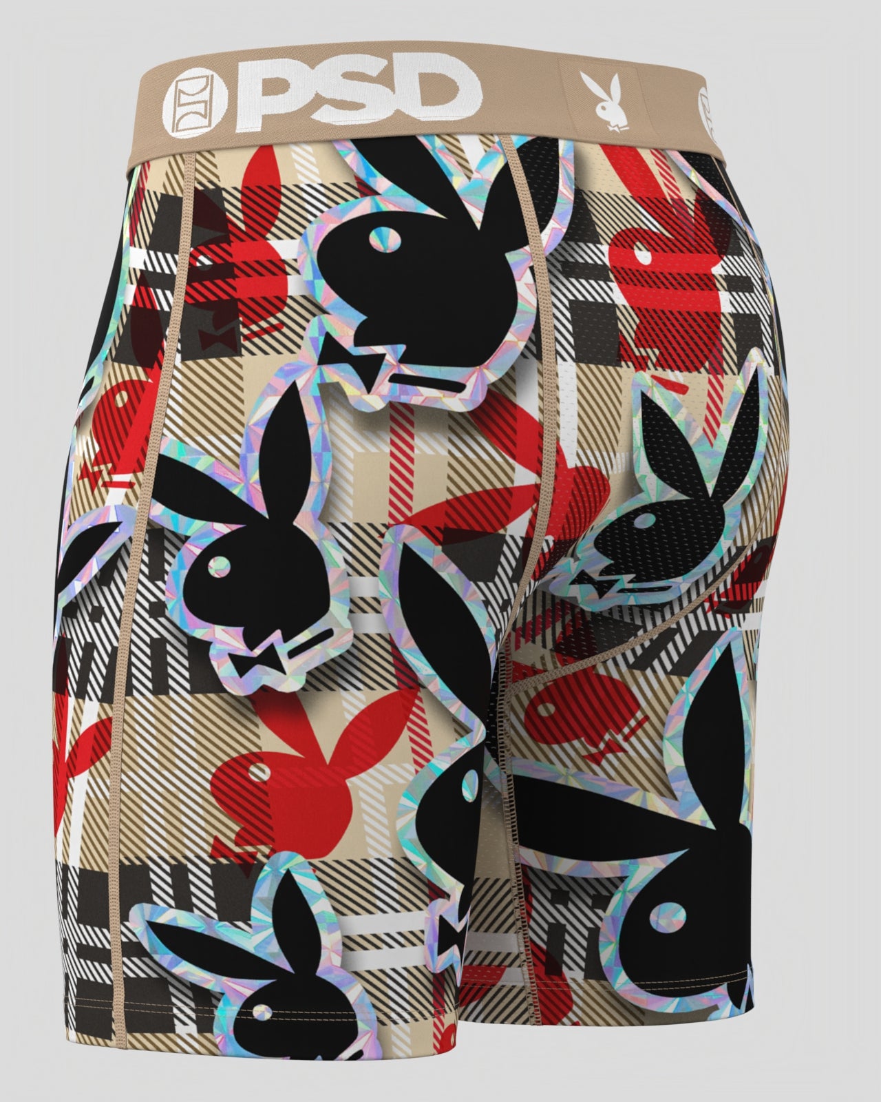 Plaid patterned underwear with rabbit design and 'PSD' branding on a gray background