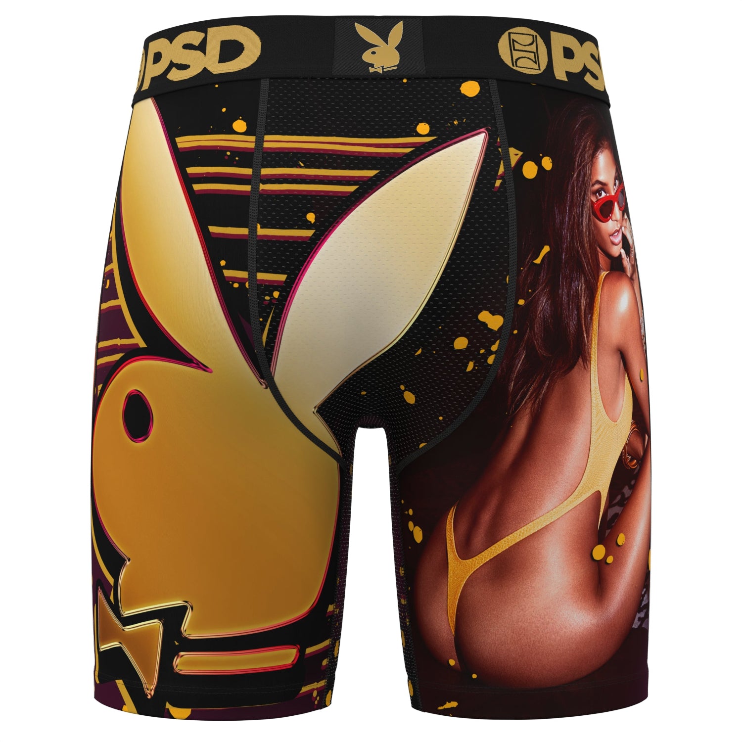 Men’s boxer briefs with gold bunny logo, yellow stripes, and woman in yellow bodysuit print