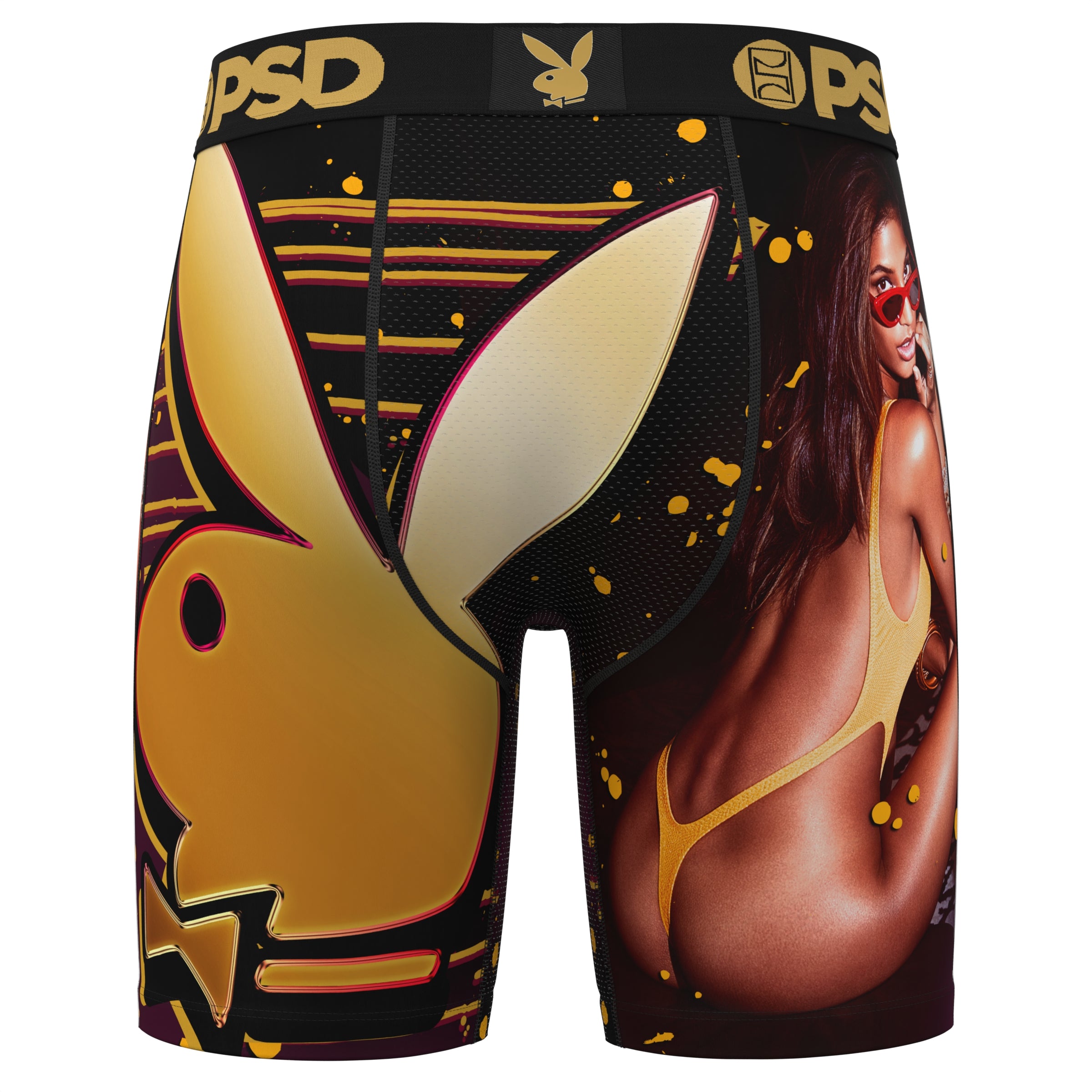 Playboy men's boxer briefs with large gold Playboy Bunny logo and model in yellow swimsuit