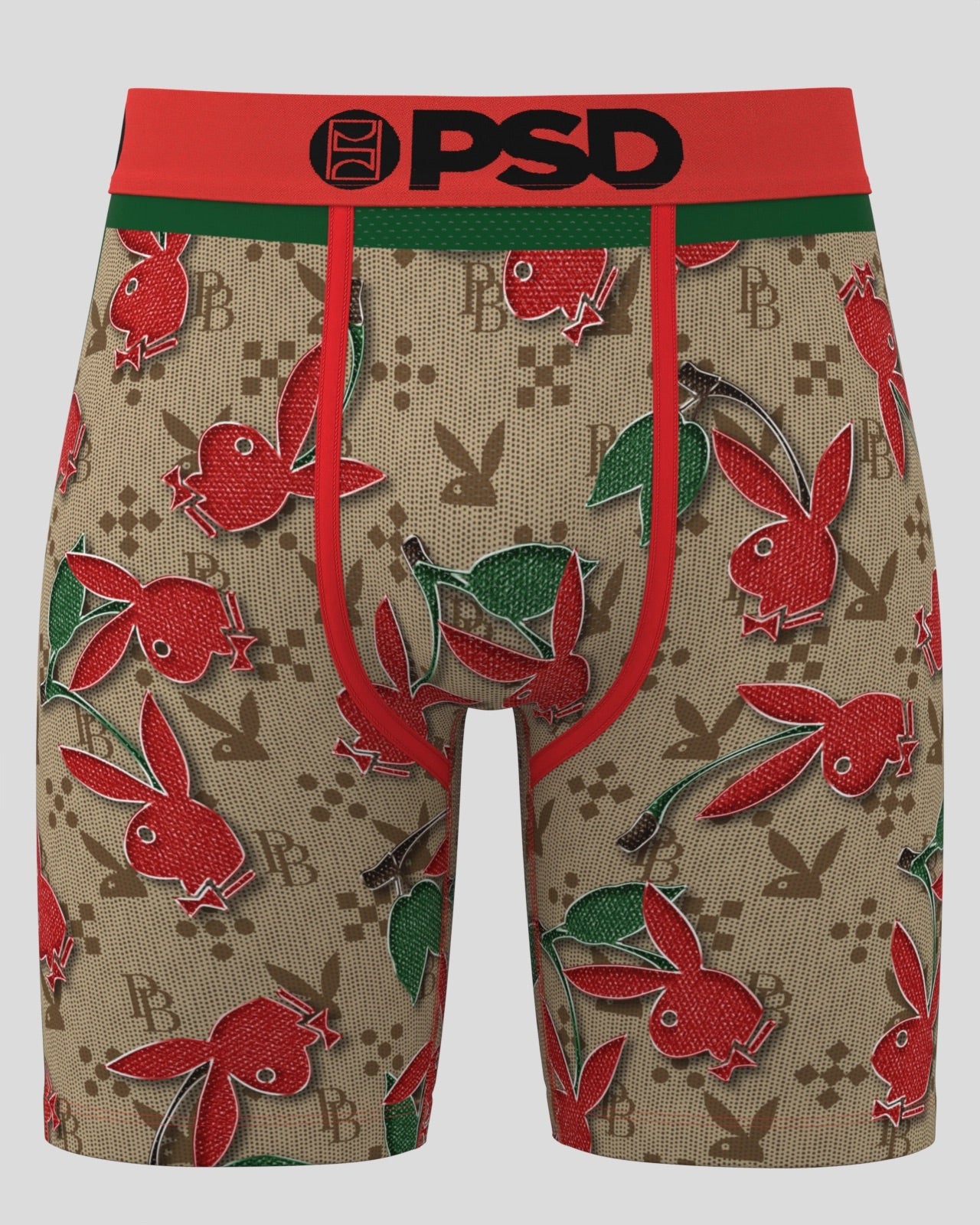 A pair of boxer briefs featuring a beige and brown monogram pattern with red and green rabbit motifs, a red waistband, and a black PSD logo on the front.