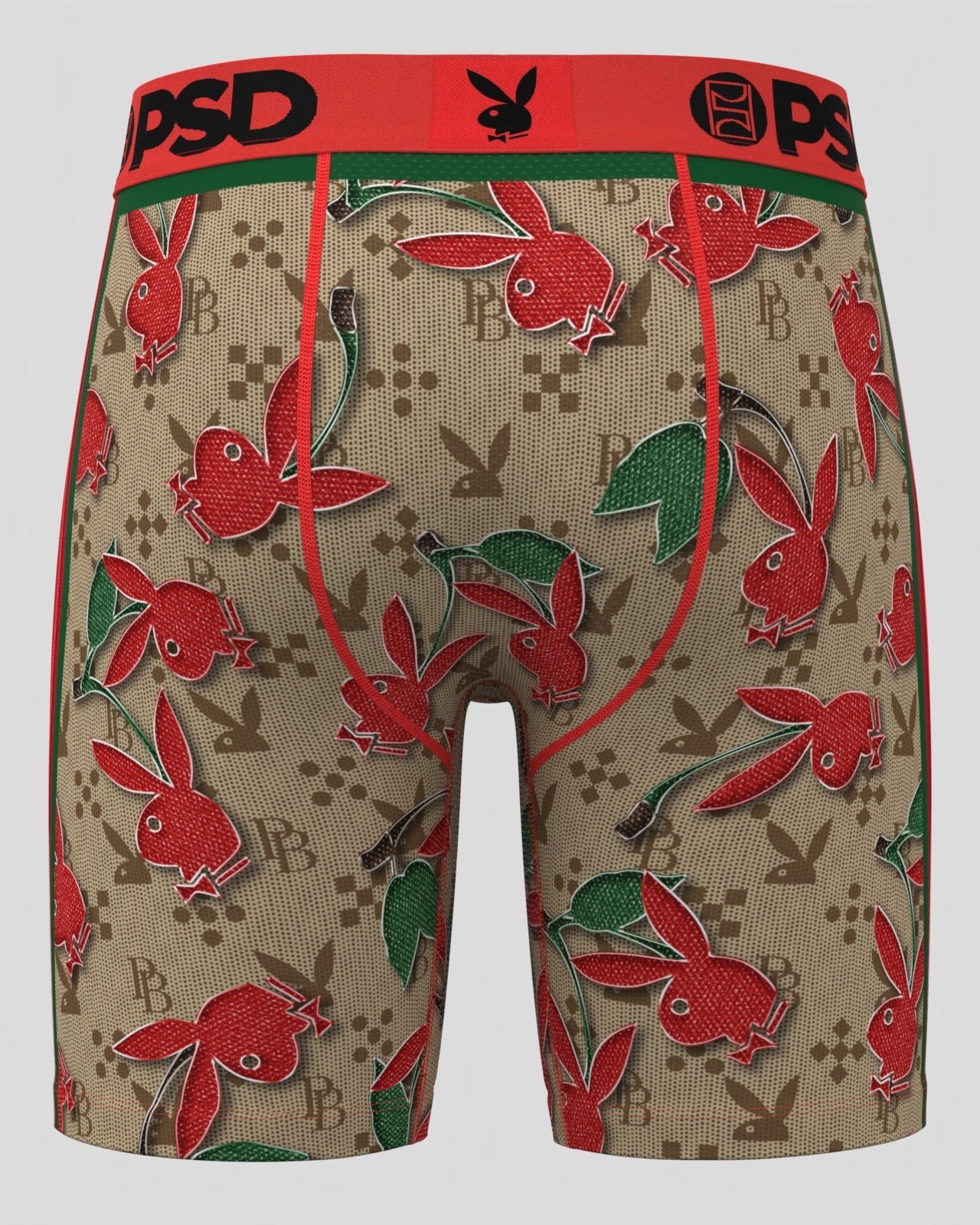 A pair of boxer briefs featuring a beige monogram pattern with red embroidered bunny motifs and green leaves, complete with a red waistband and black Playboy bunny logo.
