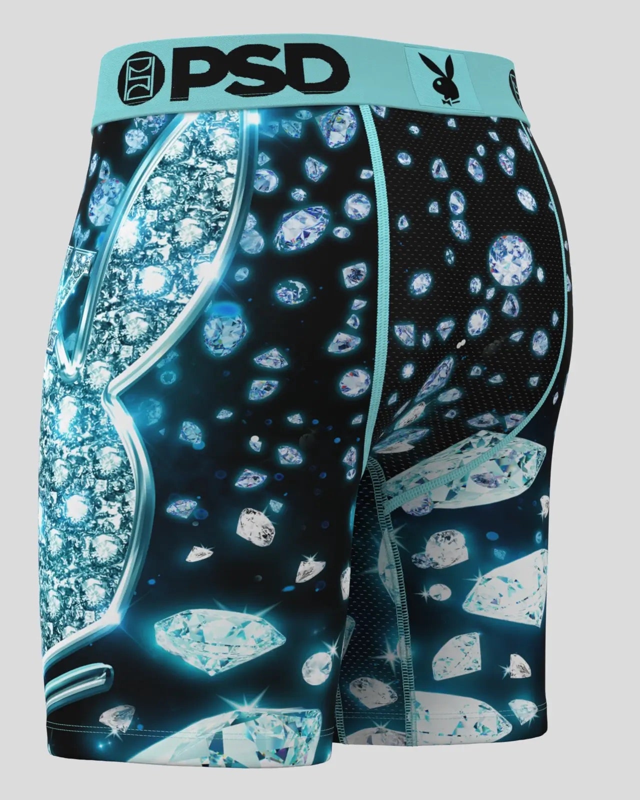 Men's athletic boxer briefs featuring a black and teal mesh pattern with a 3D-effect diamond print and a light teal waistband with 'PSD' and a bunny logo.