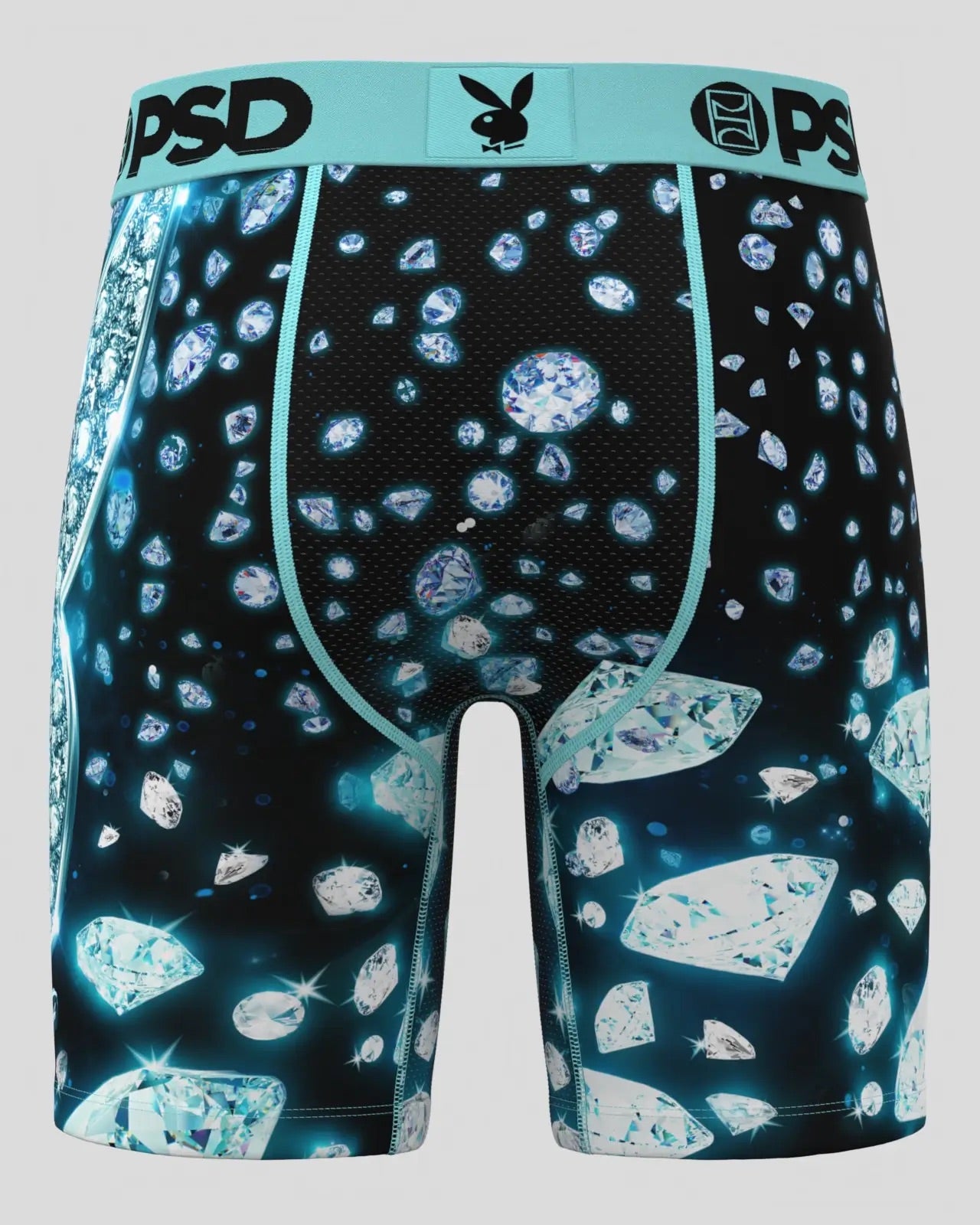Men's boxer briefs featuring a black and teal mesh pattern with a scattered diamond print, a light teal waistband, and the Playboy bunny logo with 'PSD' text.