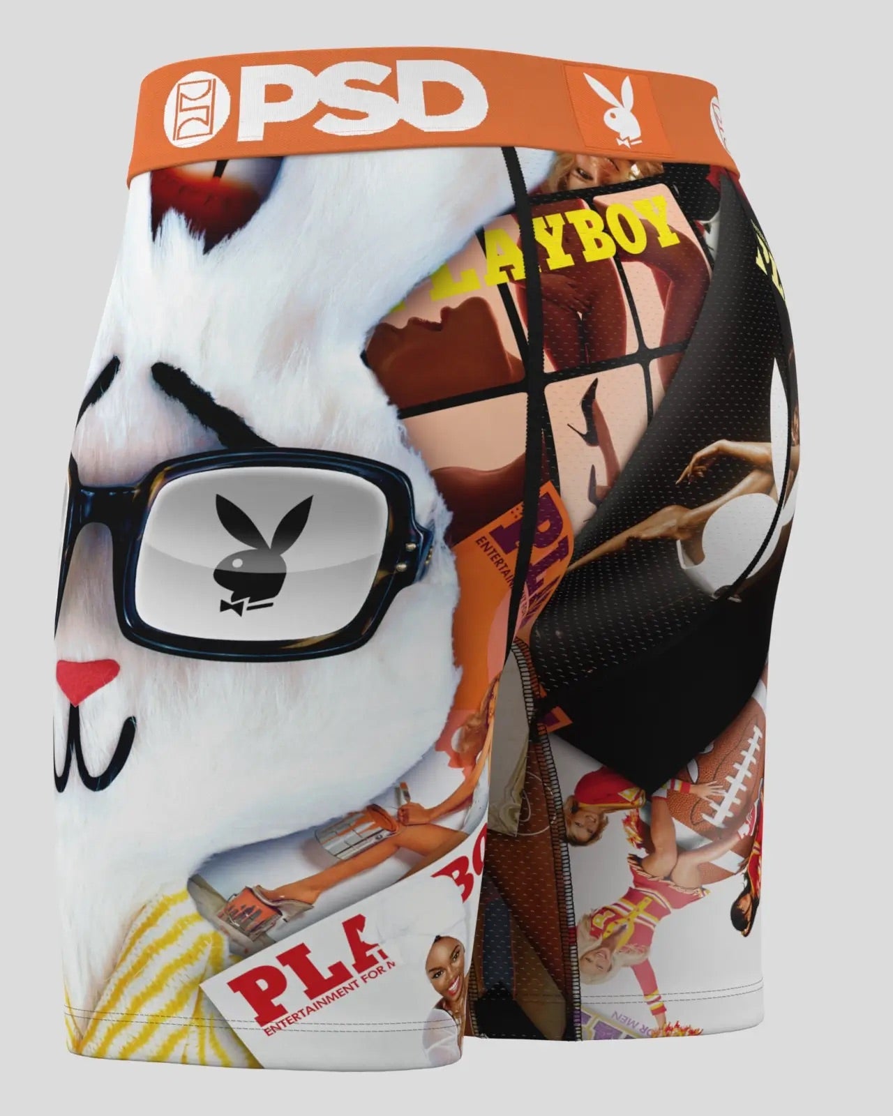 A pair of boxer briefs featuring a complex collage print with Playboy branding, a large white rabbit face wearing black sunglasses, and various sports-themed graphics, set against a light gray background.