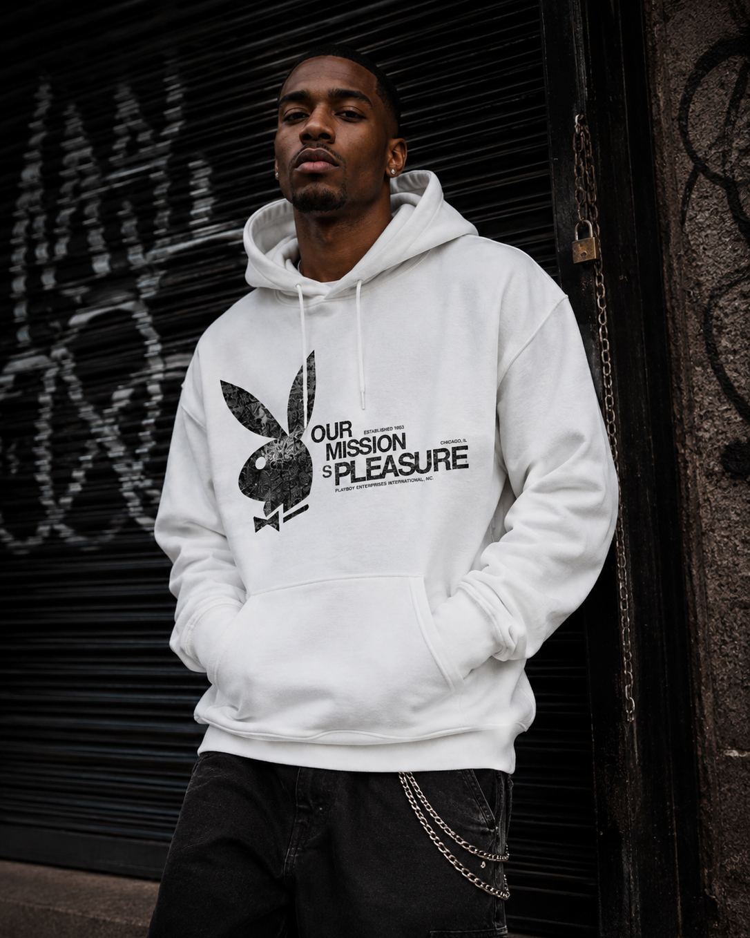 A man wearing a white pullover hoodie with a black Playboy bunny logo and the text 'OUR MISSION IS PLEASURE' on the front, standing in front of a dark metal shutter. #Streetwearmen