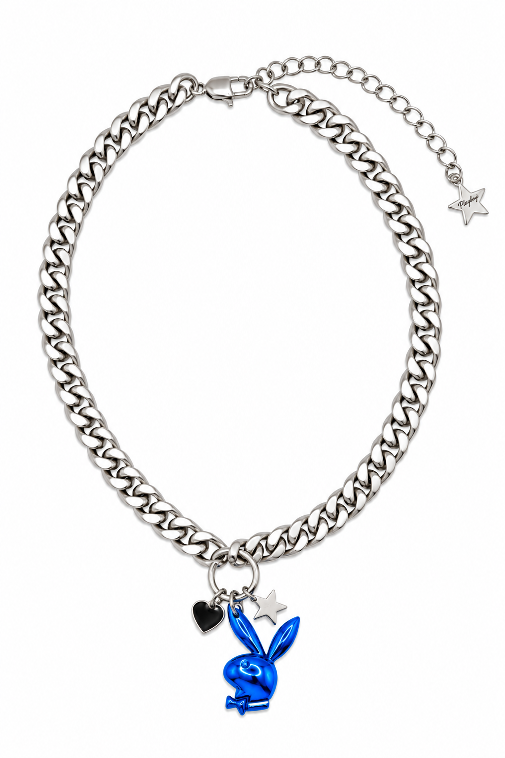 A silver-tone curb chain necklace featuring a blue enamel Playboy bunny charm, a small black heart charm, and a silver star charm, displayed on a clean white background.