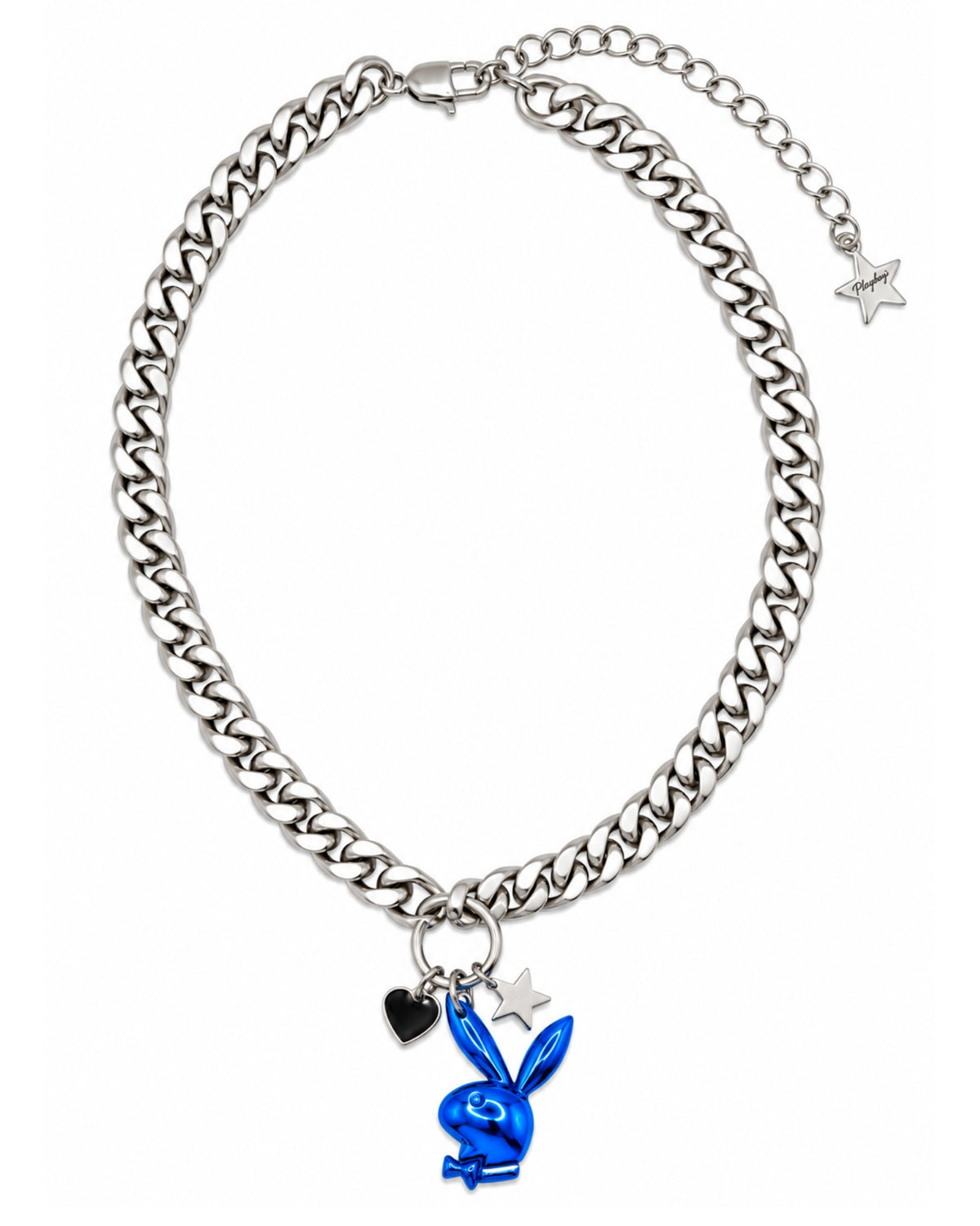 A silver-tone curb chain necklace featuring a blue enamel Playboy bunny charm, a small black heart charm, and a silver star charm, displayed on a clean white background.