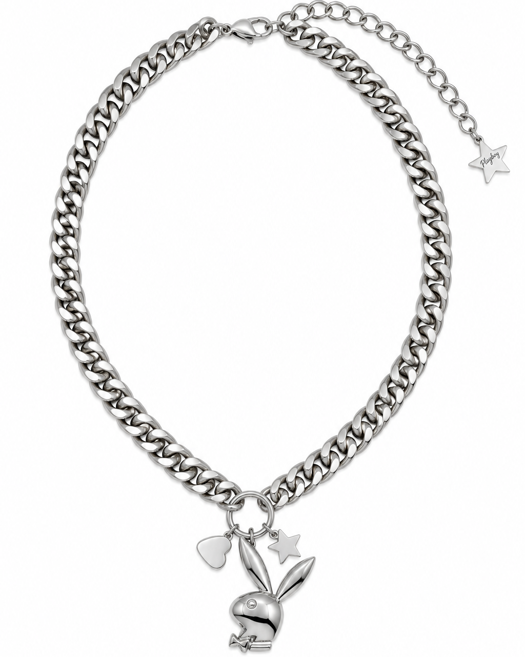 A silver-tone Cuban link chain necklace featuring a dangling bunny charm holding a heart and star, with an adjustable chain extender and star charm on a white background.
