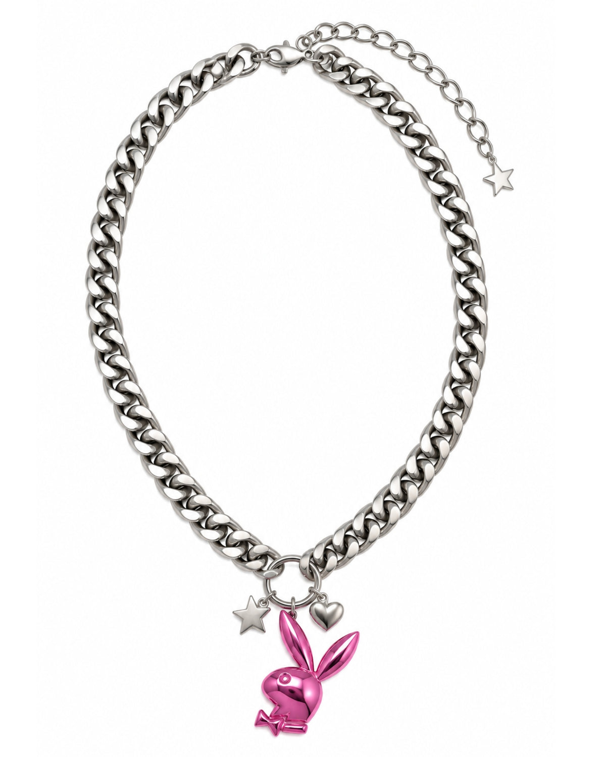 A silver-tone chain necklace featuring a dangling metallic pink bunny charm, accompanied by small silver star and heart charms, shown on a plain white background.