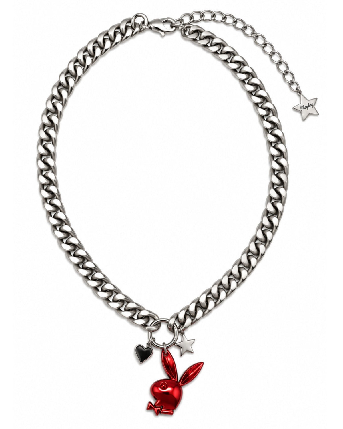 A silver-tone chain necklace featuring a red bunny charm, a small black heart charm, and two silver star charms, displayed on a clean white background.