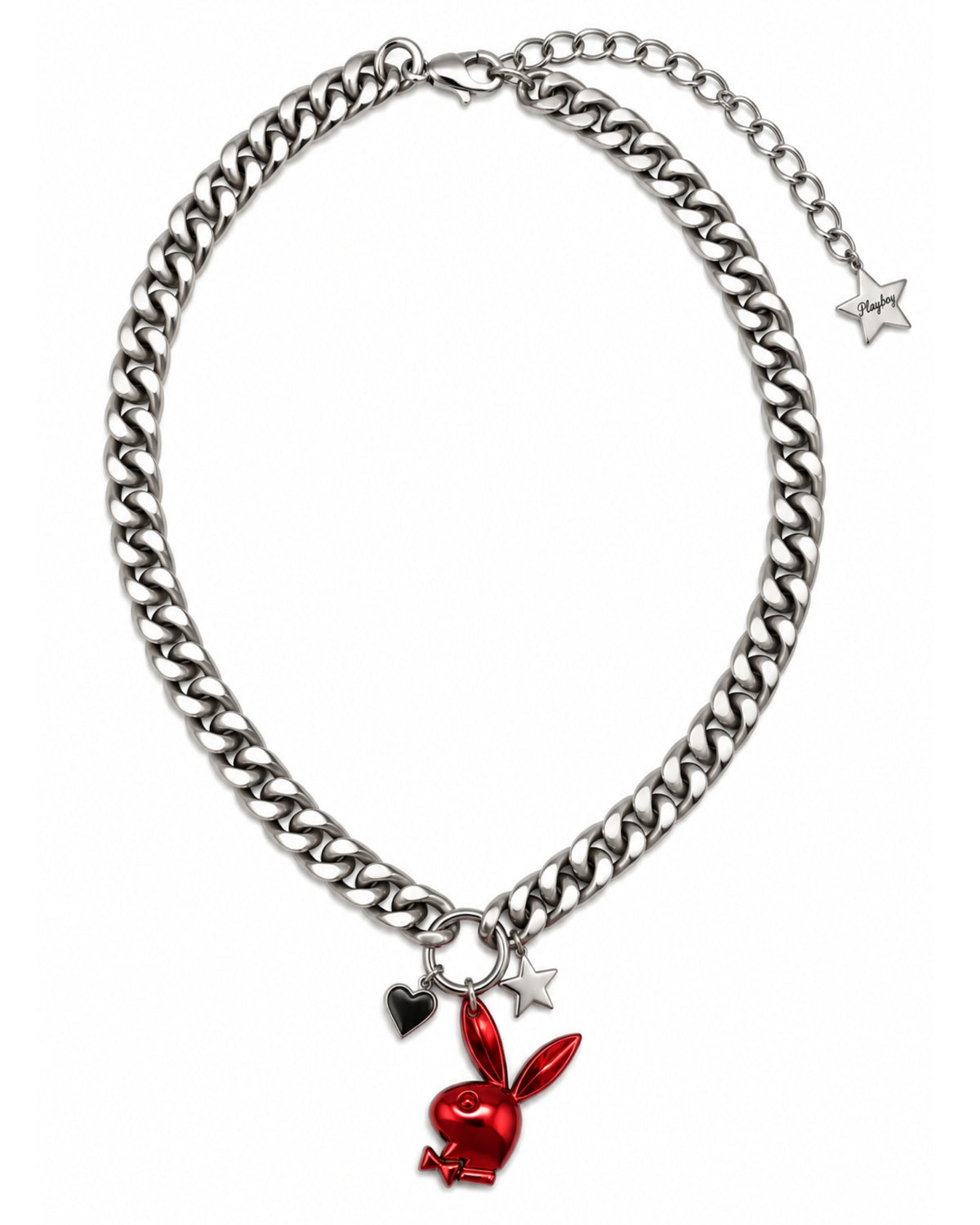 A silver-tone chain necklace featuring a red bunny charm, a small black heart charm, and two silver star charms, displayed on a clean white background.