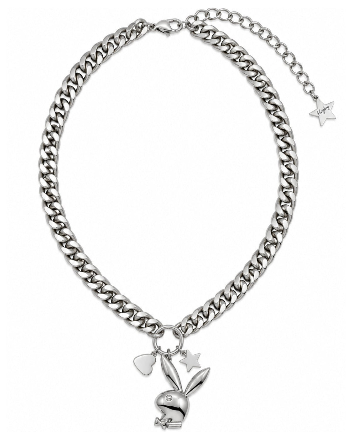 A silver-tone chain necklace featuring a classic Playboy bunny charm, a small heart charm, and a star charm, displayed on a clean white background.