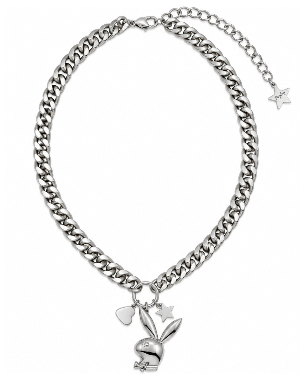 A silver-tone chain necklace featuring a classic Playboy bunny charm, a small heart charm, and a star charm, displayed on a clean white background.