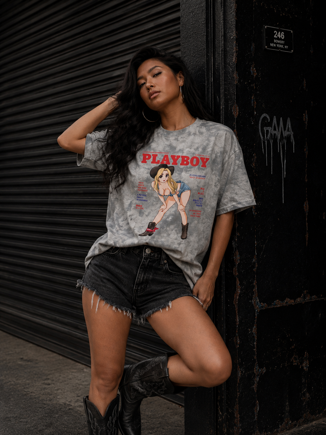 A woman posing in a gray tie-dye Playboy graphic t-shirt, black denim shorts, and black boots, leaning against a dark metal shutter. #Streetwearwomen