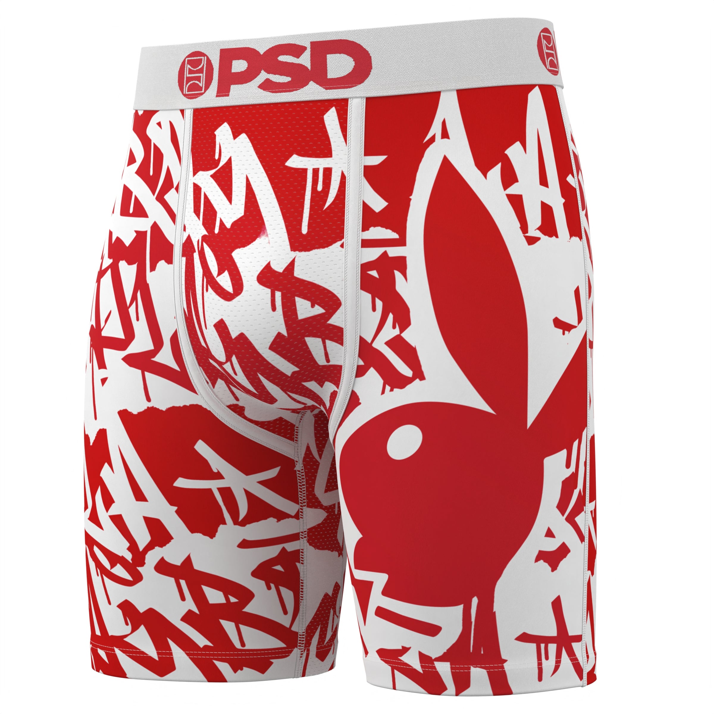 Red and white men's boxer briefs with graffiti pattern and iconic Playboy bunny logo, PSD waistband