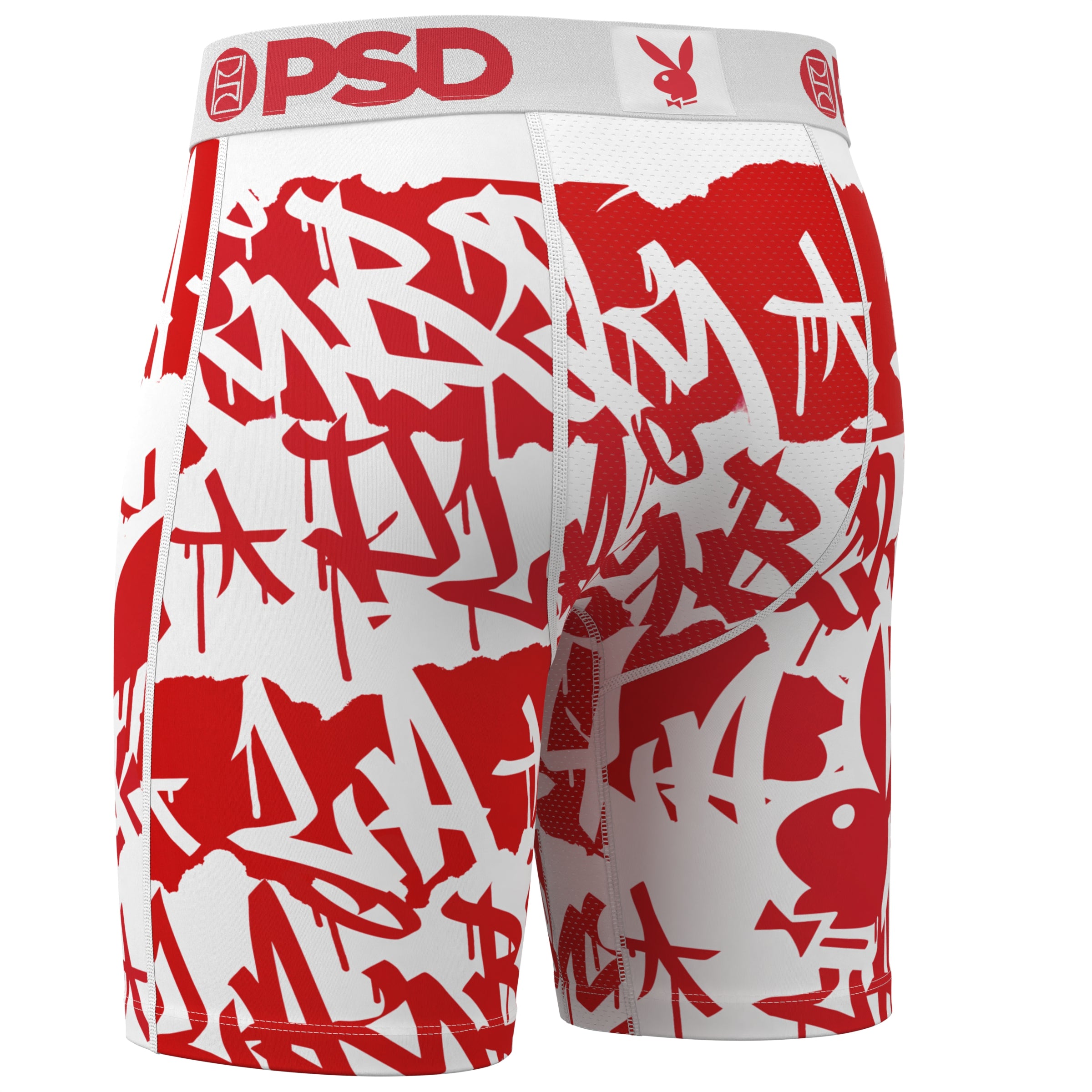 Playboy men's boxer briefs with red graffiti print, PSD waistband, and Playboy bunny logo