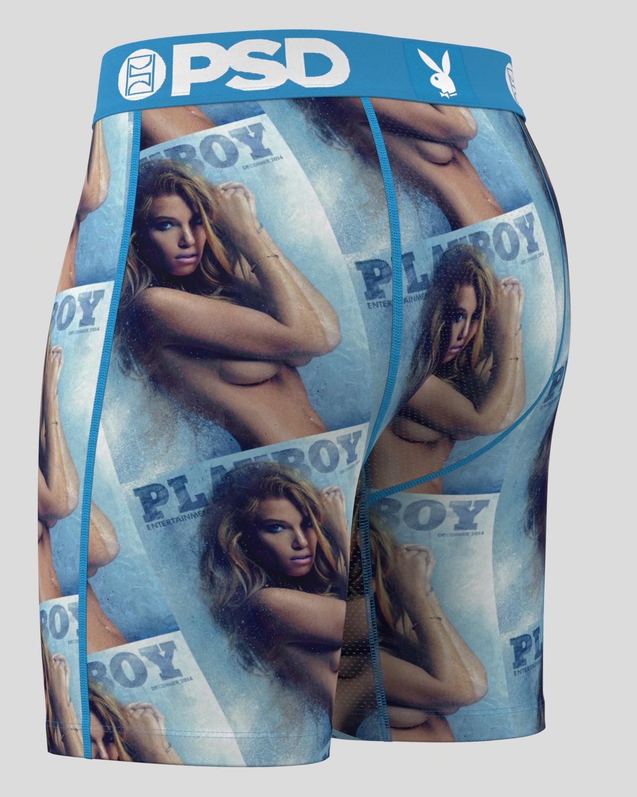 Playboy-themed underwear with model images on a gray background