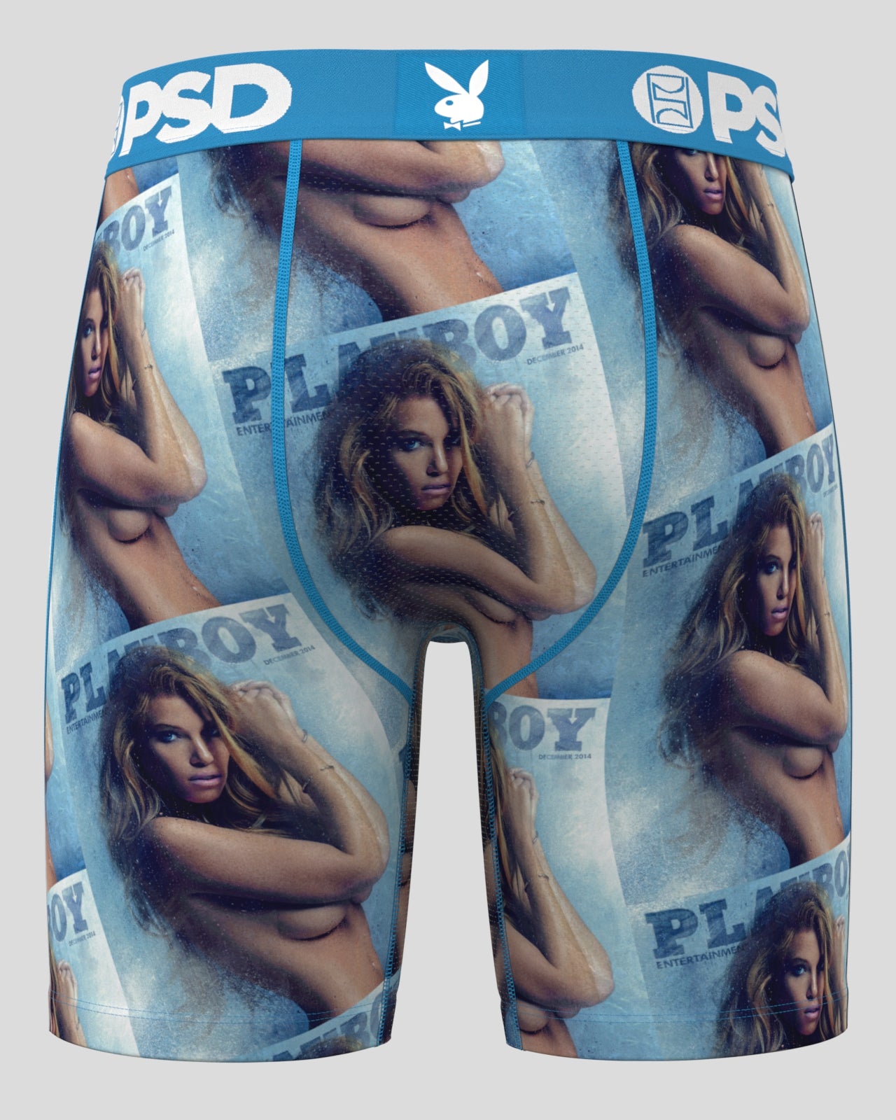 Playboy-themed boxer briefs with model images on a white background