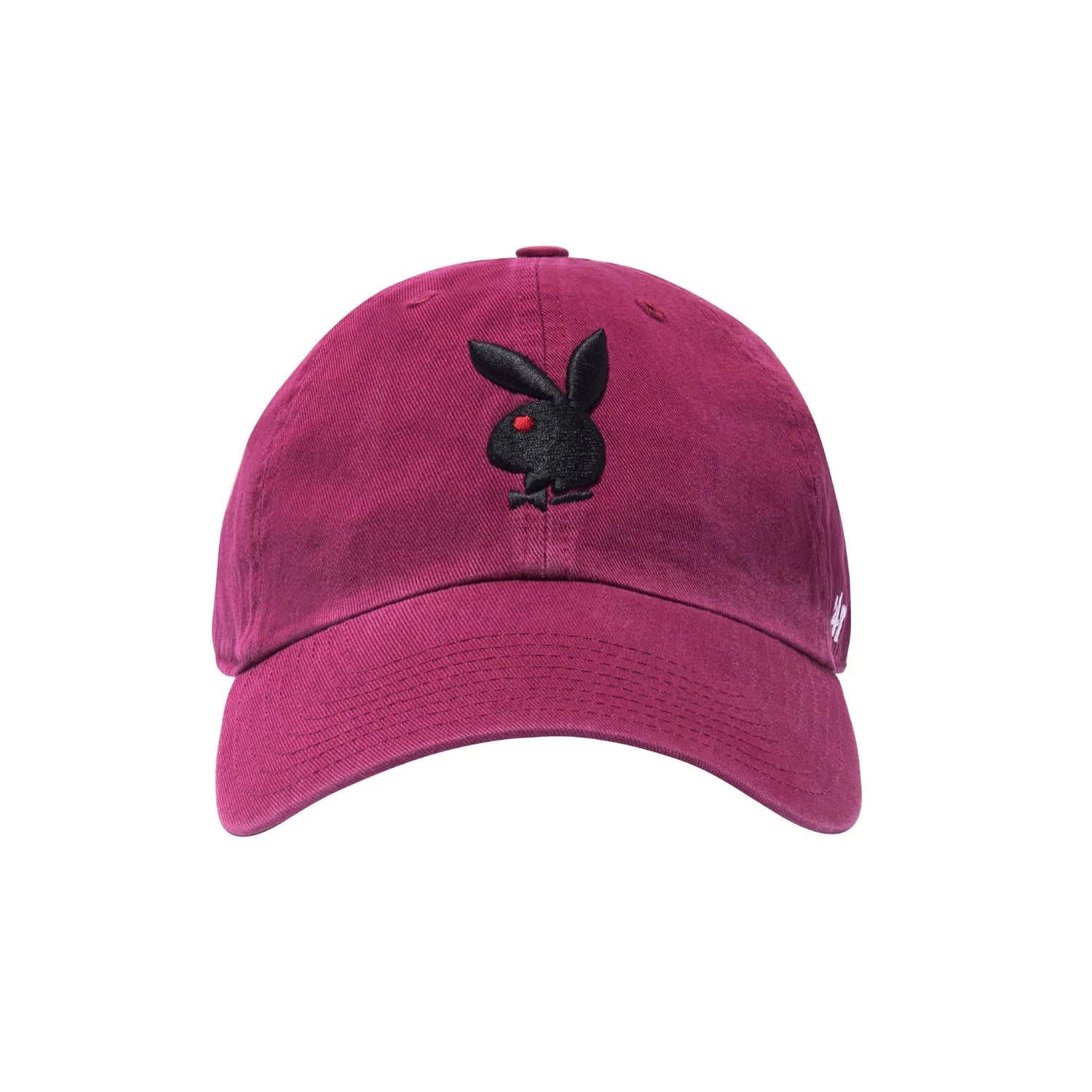 Burgundy adjustable dad hat with black bunny logo embroidery on front
