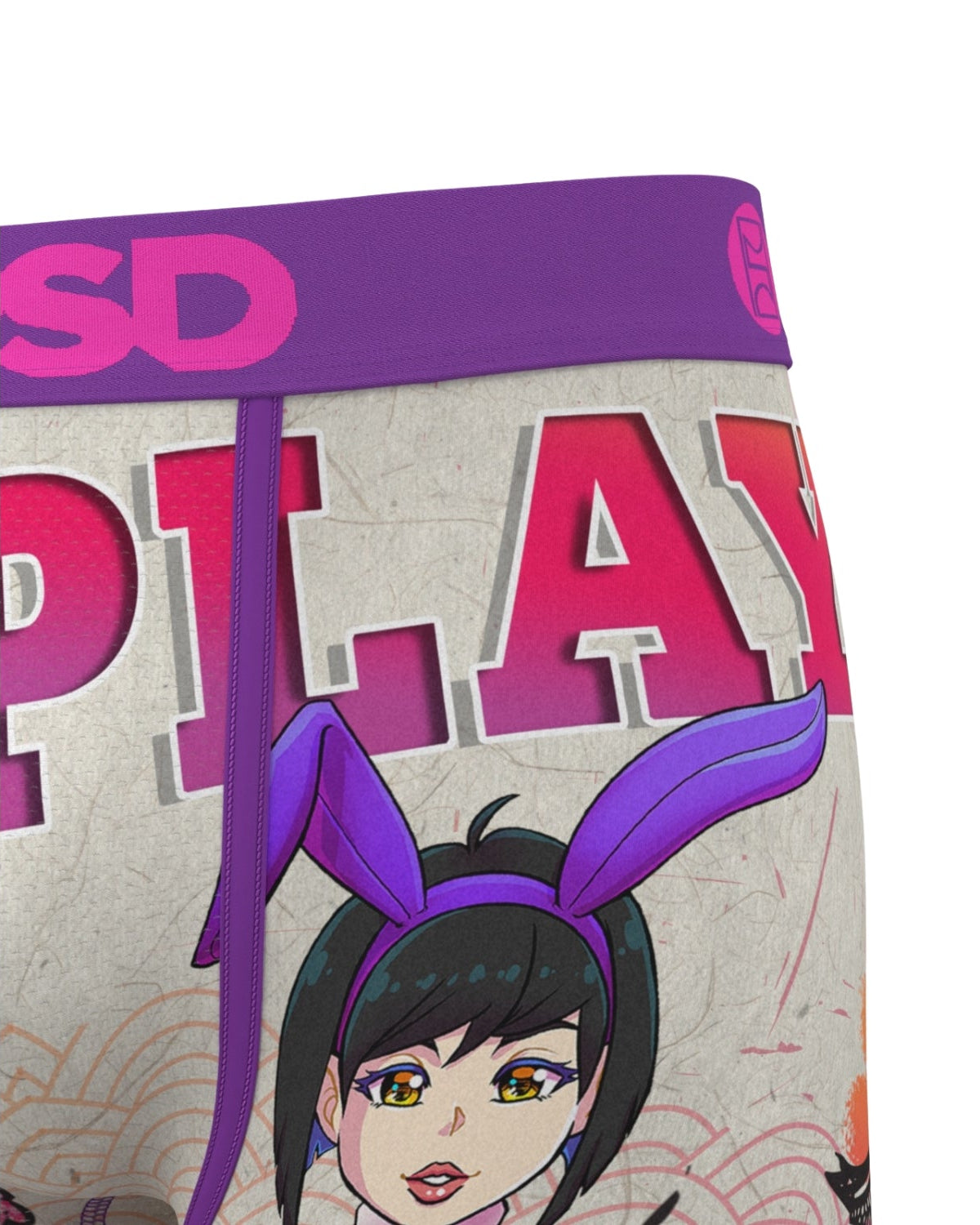 Boxer briefs with a cartoon character and 'SD Play' text on a white background