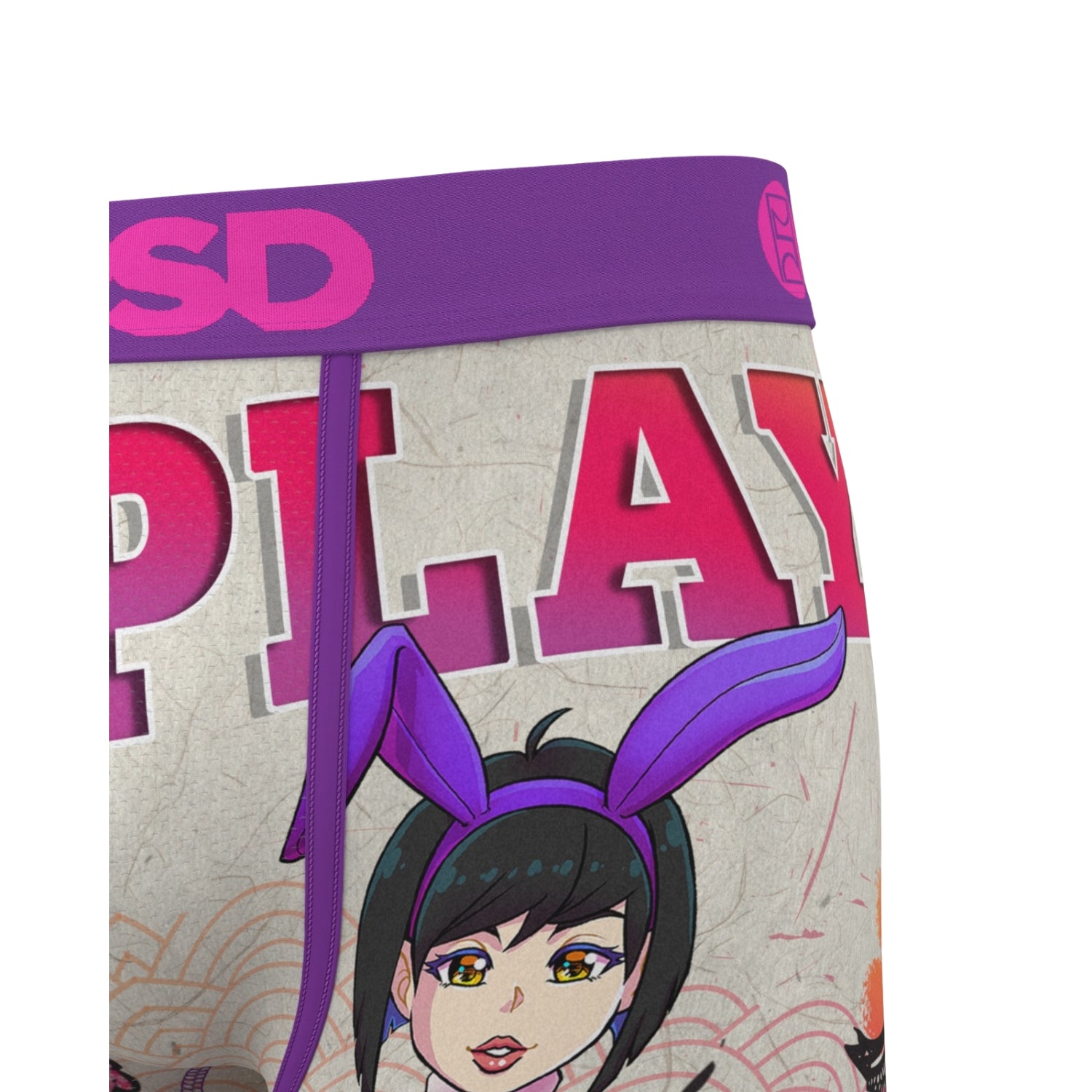 Boxer briefs with a cartoon character and 'SD Play' text on a white background