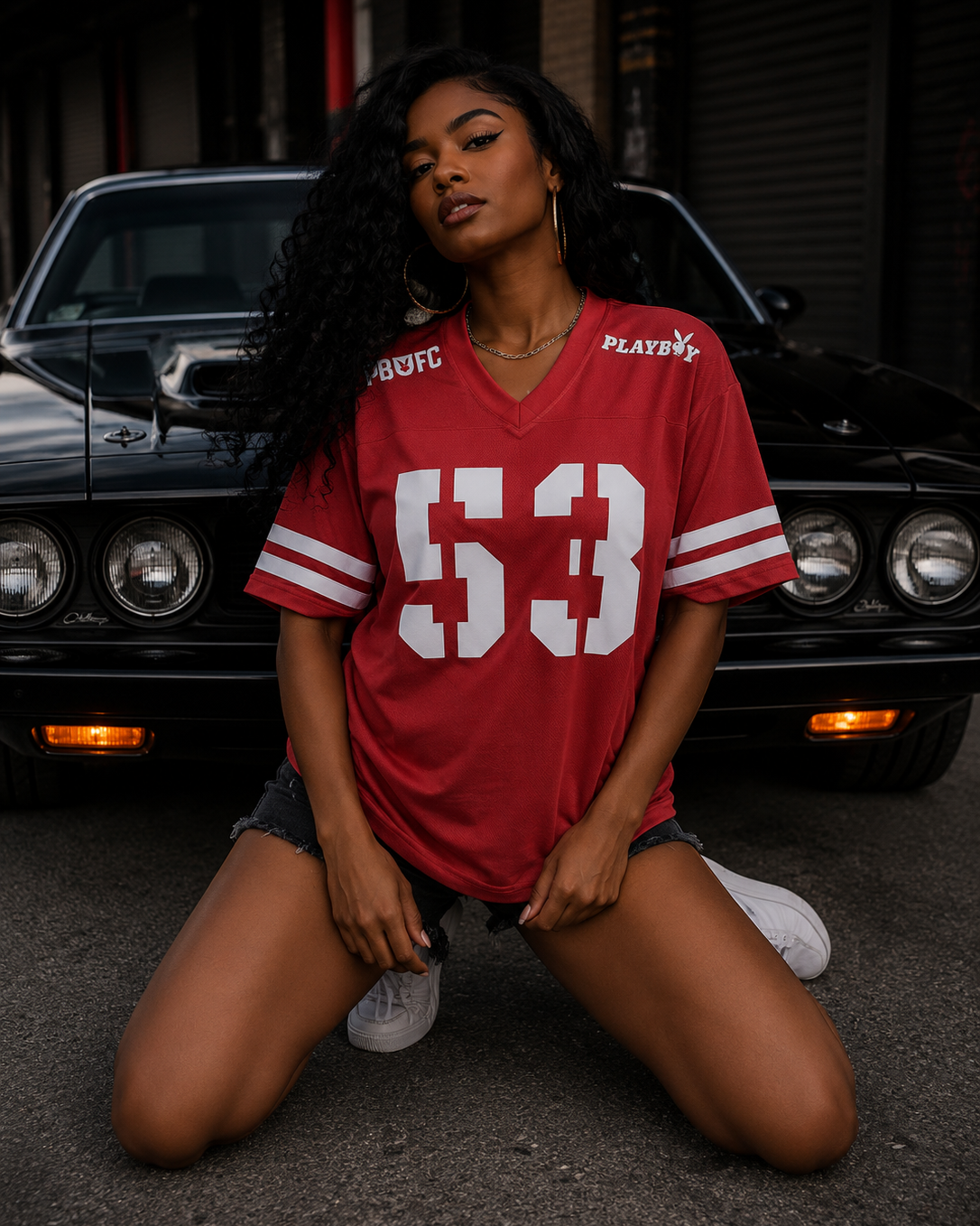A woman kneels on the pavement in front of a black muscle car, wearing a red V-neck athletic jersey with white stripes and the number 53. The jersey has 'BUFF' on the right shoulder and 'PLAYA' on the left shoulder. #Streetwearwomen