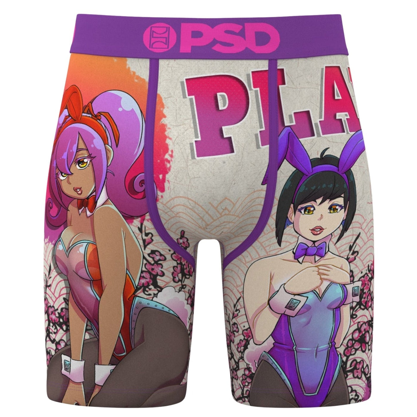 Boxer briefs with anime-style characters and 'PSD' branding on a white background