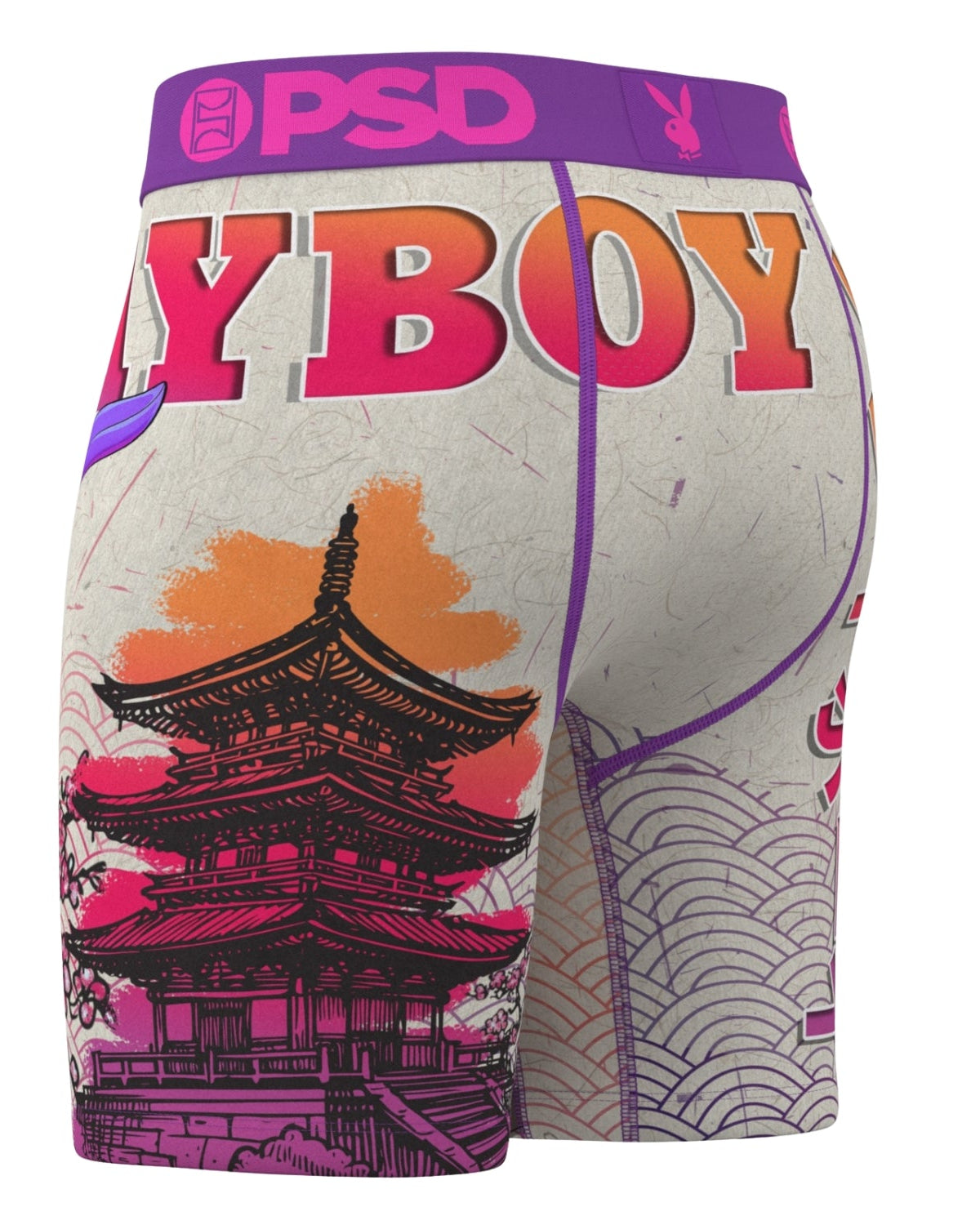 Boxer briefs with 'PSD' branding and colorful design featuring a pagoda and abstract patterns.
