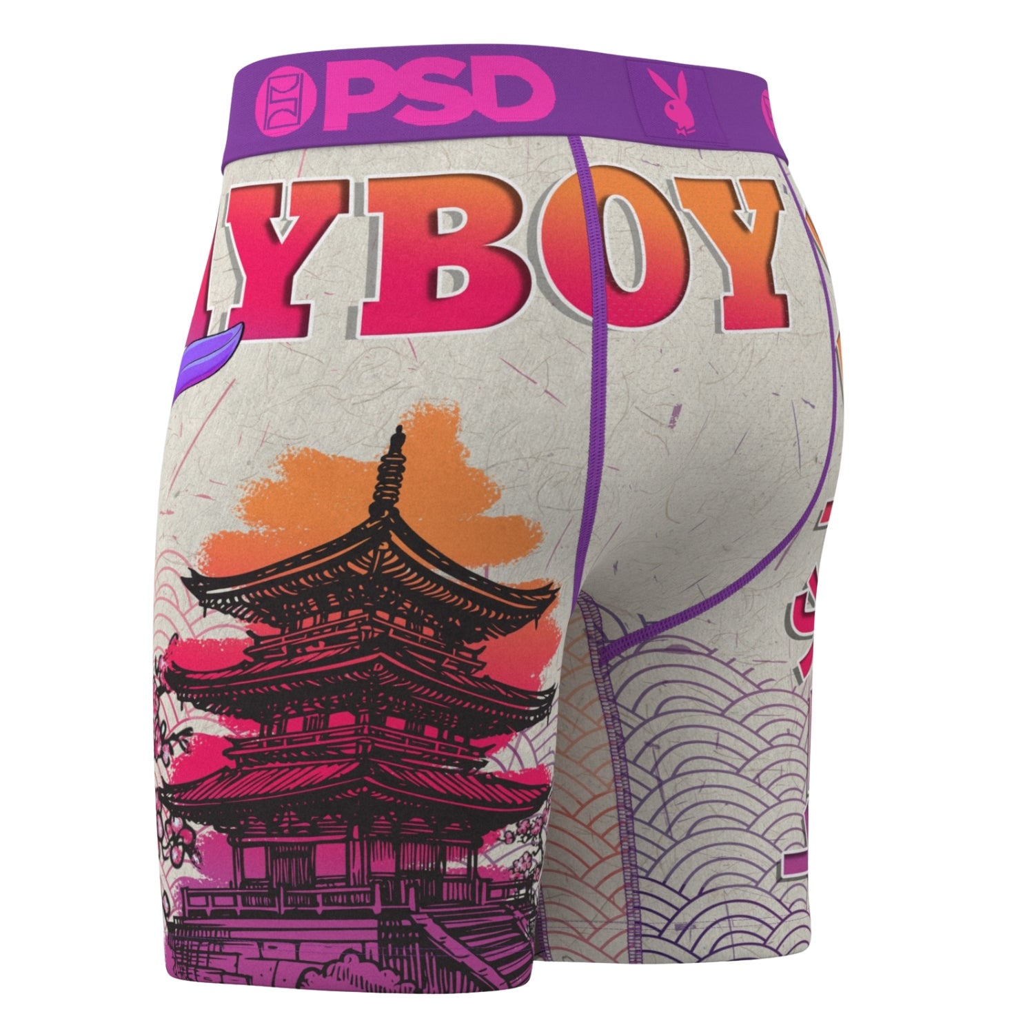 Boxer briefs with 'PSD' branding and colorful design featuring a pagoda and abstract patterns.