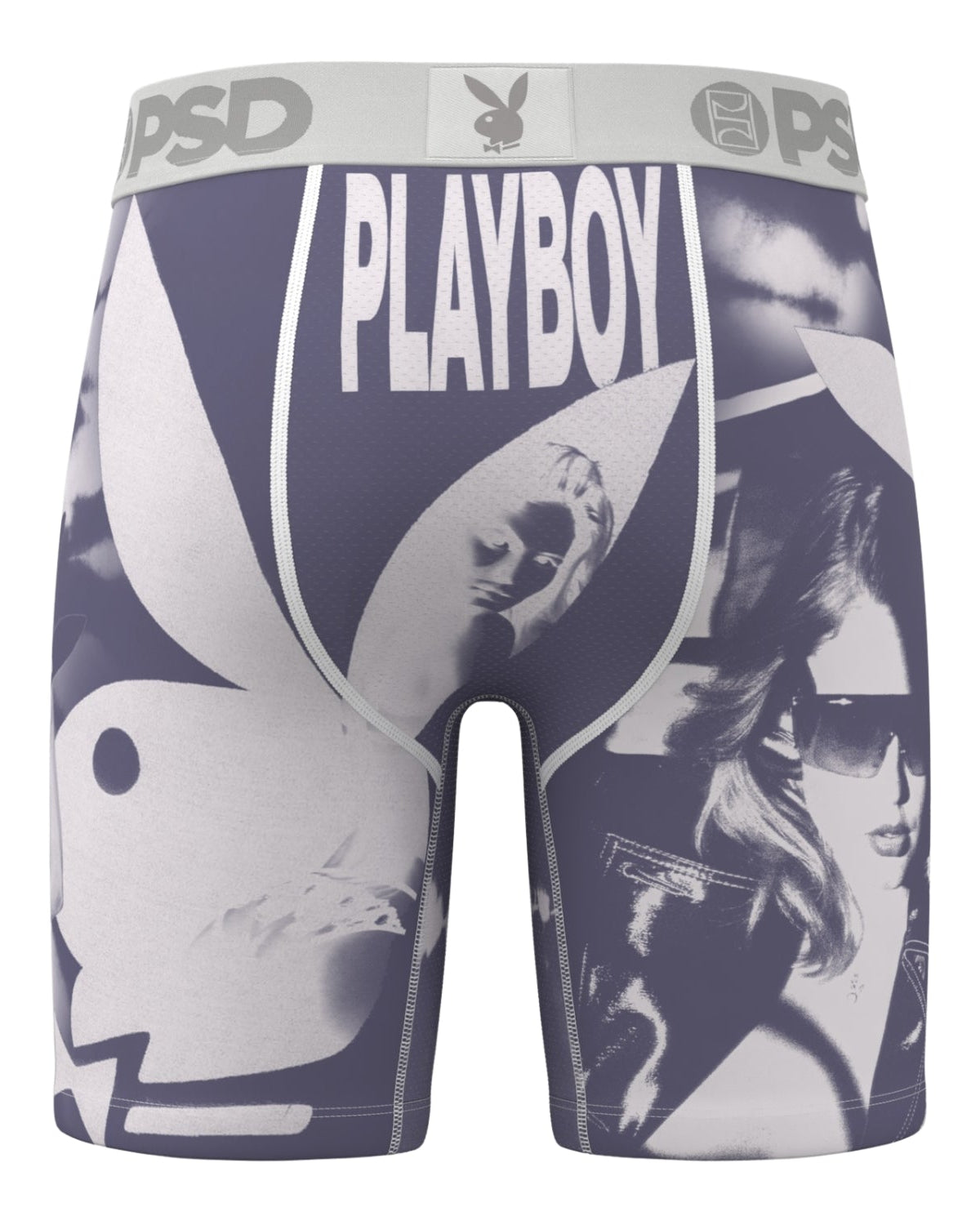 Playboy branded men's underwear with graphic design on a white background
