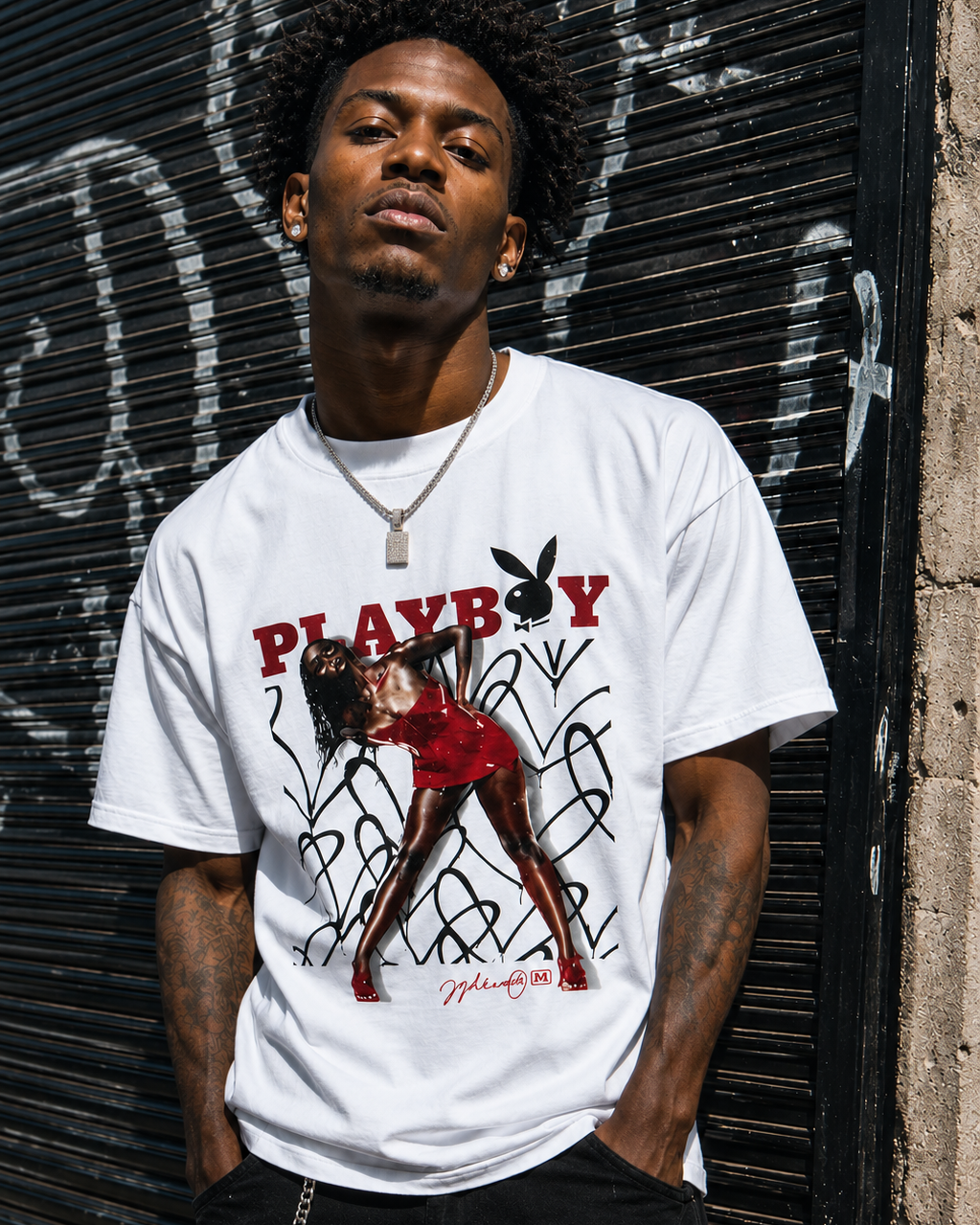 A man wearing a white graphic t-shirt with a red and black Playboy bunny logo and illustration, standing in front of a black metal shutter door. #Streetwearmen