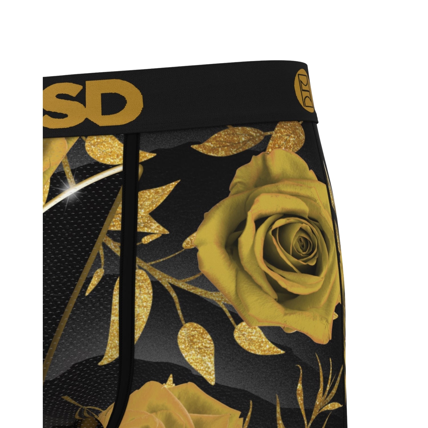Black underwear with gold roses and leaves on a white background