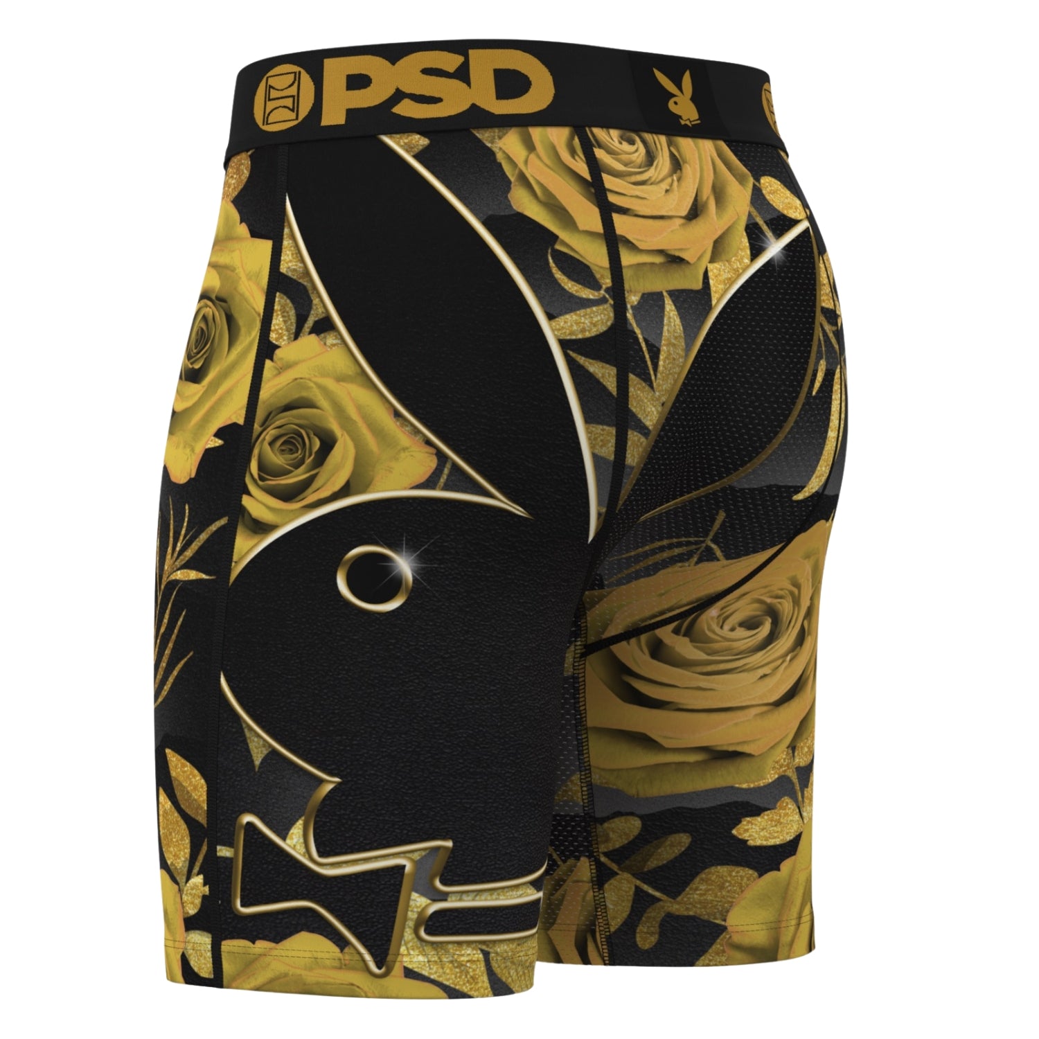 Black and gold boxer briefs with floral design and 'PSD' branding on a white background