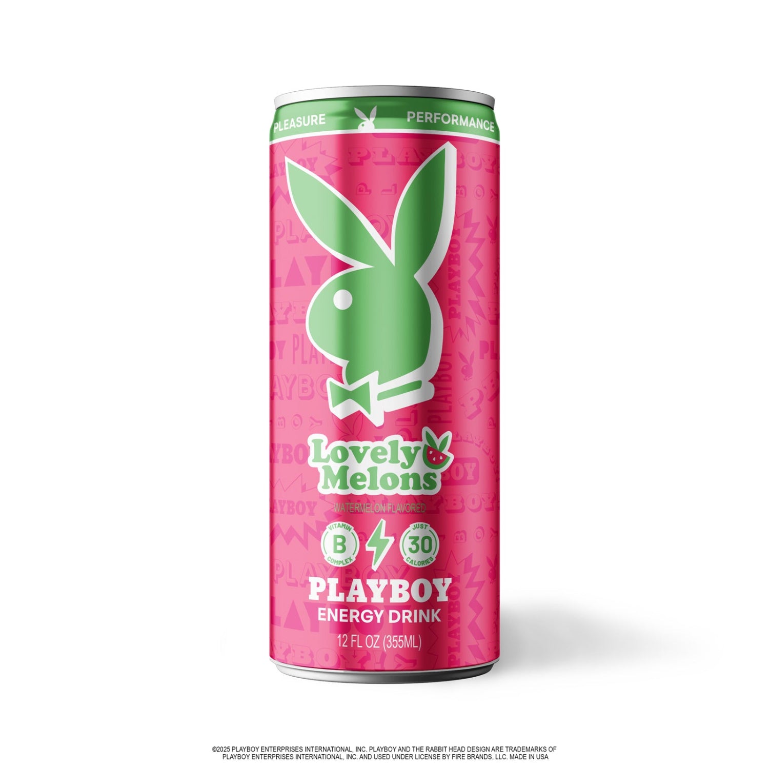 Playboy-themed energy drink can with pink and green design on a white background