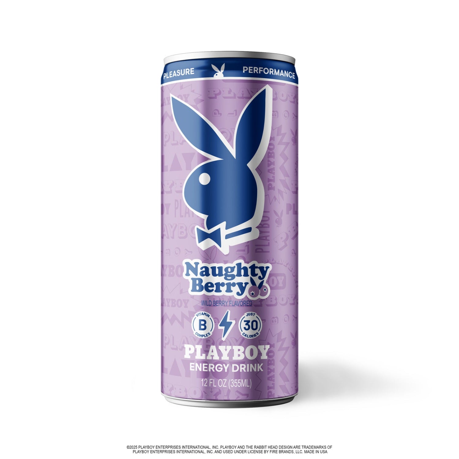Playboy Naughty Berry energy drink can on a white background