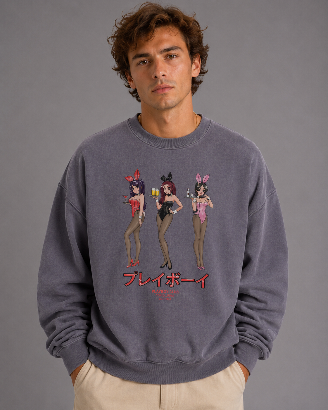 A man wearing a gray crewneck sweatshirt with a graphic of three anime-style bunny-girl characters and Japanese text, paired with beige pants, against a solid gray studio background.