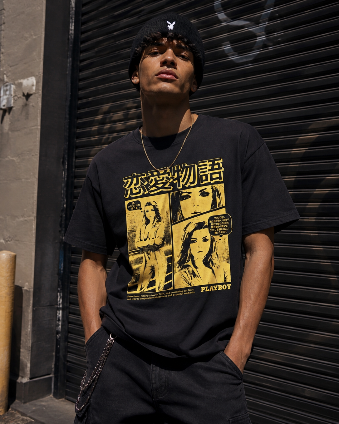 A man wearing a black Playboy graphic t-shirt with a yellow comic-style print, standing in front of a graffiti-covered metal shutter. #Streetwearmen