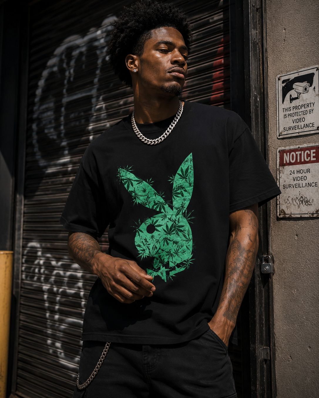 A man wearing a black t-shirt with a large green distressed Playboy bunny graphic and a chain necklace, standing in front of a graffiti-covered metal shutter. #Streetwearmen