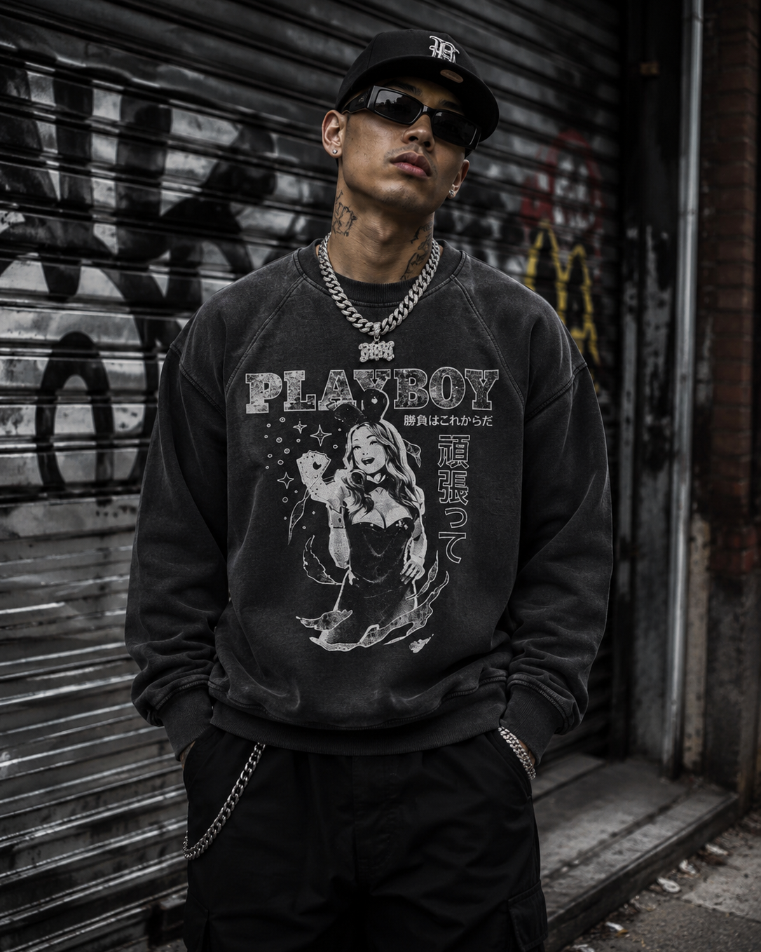 A man wearing a black washed graphic sweatshirt with a prominent 'Playboy' print, black pants, and a black cap, standing in front of a graffiti-covered metal shutter. #Streetwearmen