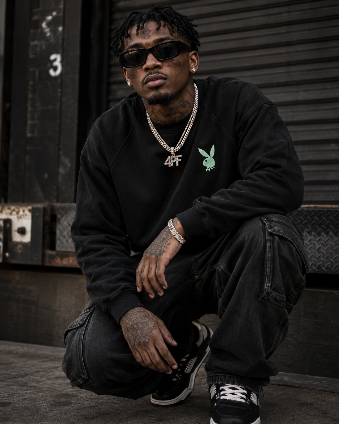 A man wearing a black sweatshirt with a green Playboy bunny logo and a gold 44F pendant necklace, crouching in front of a dark metal shutter.  #Streetwearmen