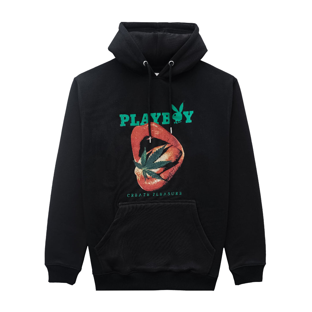 Black hoodie with Playboy logo and marijuana leaf design on a white background